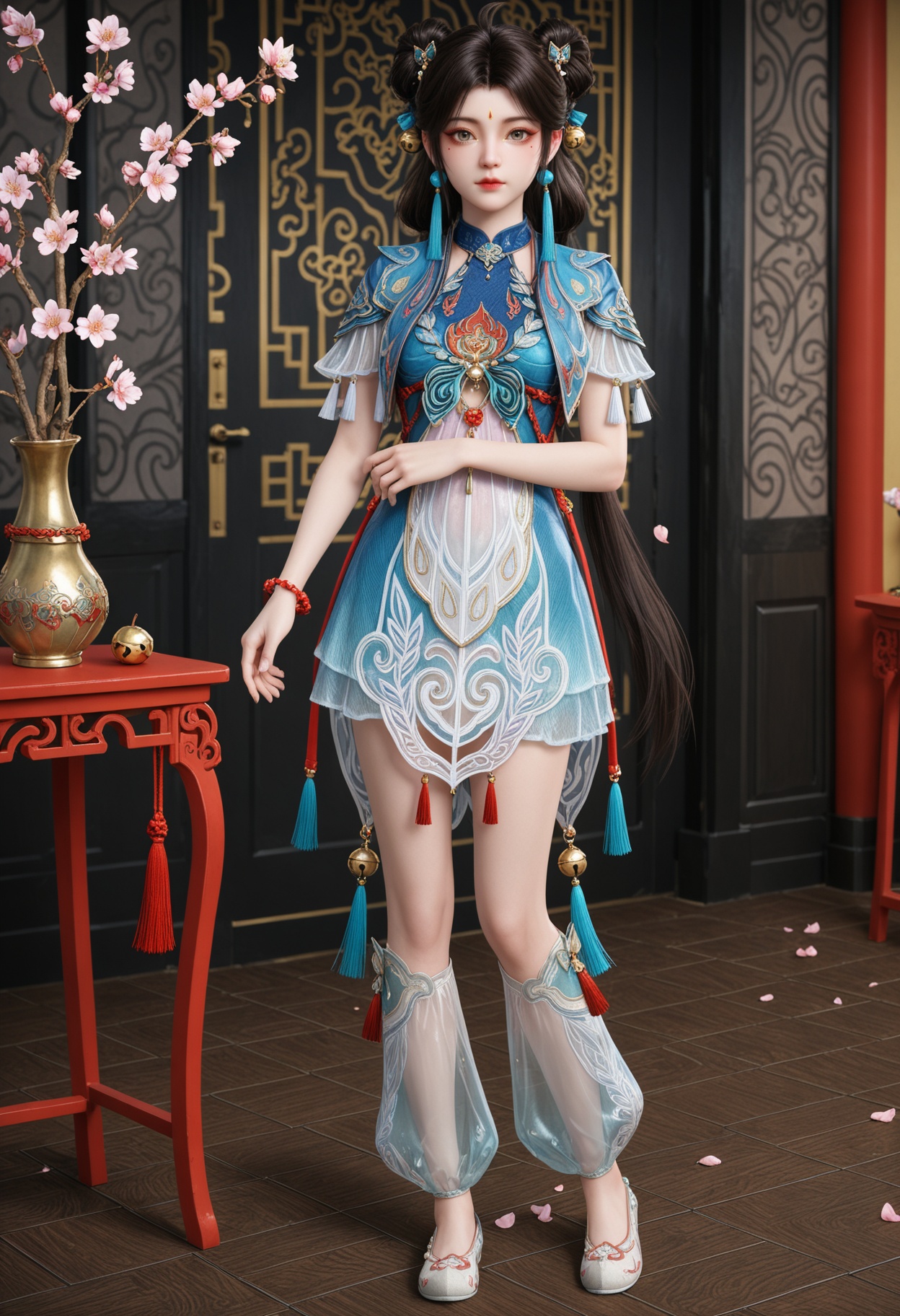 (standing full_body:1.1),(looking at viewer:1.1),masterpiece,(best quality),smog,Dark room,dim lighting,peach blossom,falling petals,<lora:YQ_Illustrious光辉v5_蓝梦_V1:0.8>,q1528437228,1girl,solo,jewelry,black hair,dress,hair ornament,earrings,long hair,hair bun,chinese clothes,double bun,tassel,blue dress,facial mark,forehead mark,bell,bracelet,short sleeves,mole under eye,brown hair,grey eyes,beads,shoes,ahoge,hair rings,brown eyes,white footwear,china dress,hair bell,braid,jingle bell,sandals,