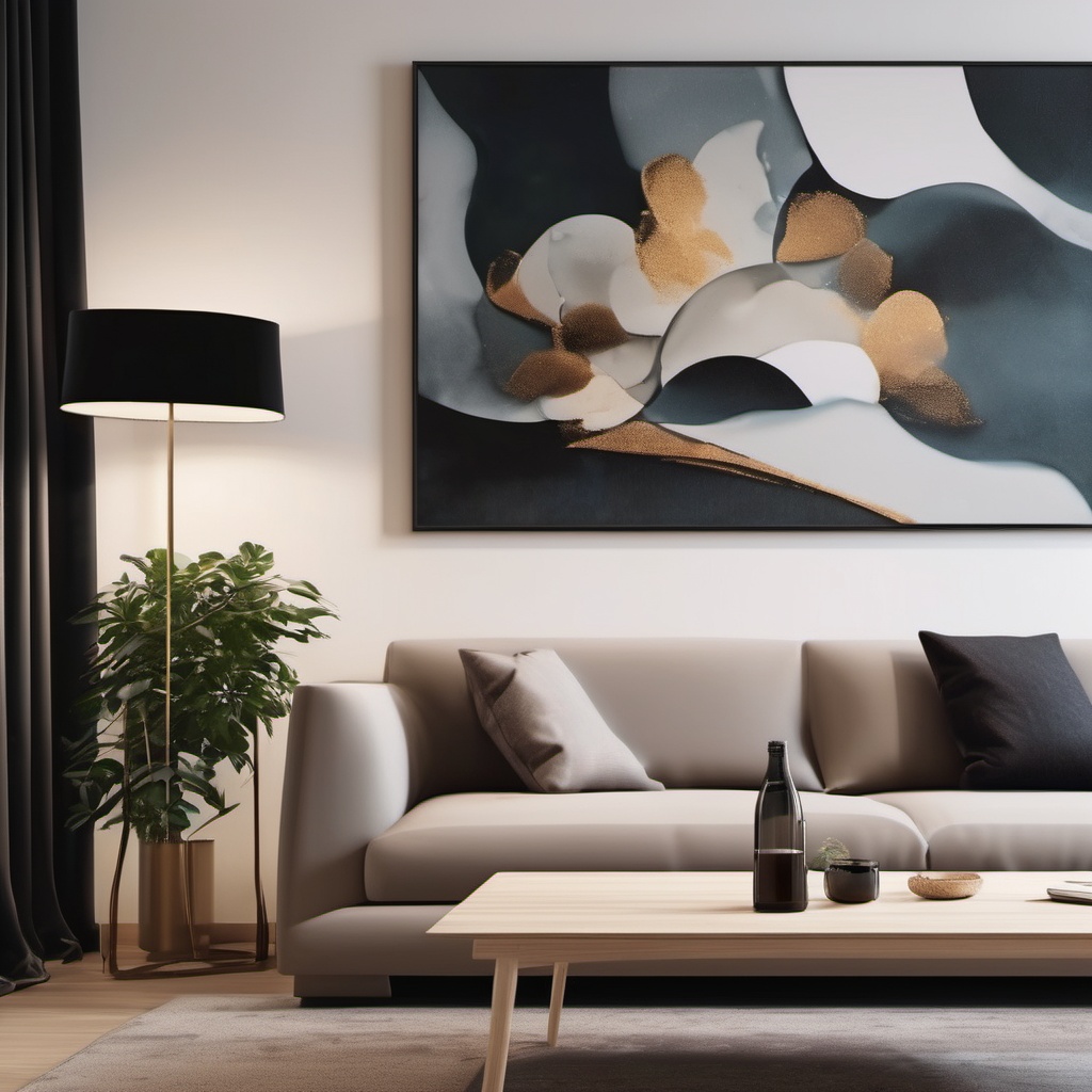 (<lora: the gospel of interior interior design universal model xl_ v1.0:0.8>mrares),indoor,(((modern minimalist style))),a living room,a warm atmosphere,there is a coffee table next to the long sofa,an irregular table,there are interesting art paintings hanging on the wall,. 35mm photograph,film,bokeh,professional,4k,highly detailed,
