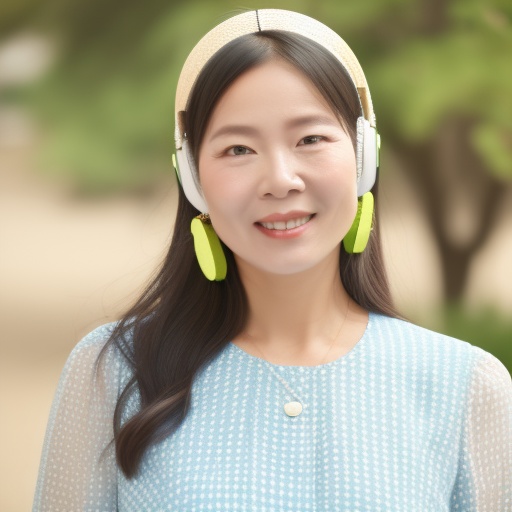 A girl,solo,40_years_old,sweet,black hair,Flower woven straw hat,blue dress,smile,Facing to viewer,highres,bust,headphones,earrings,hairband,jewelry,long hair,racket,