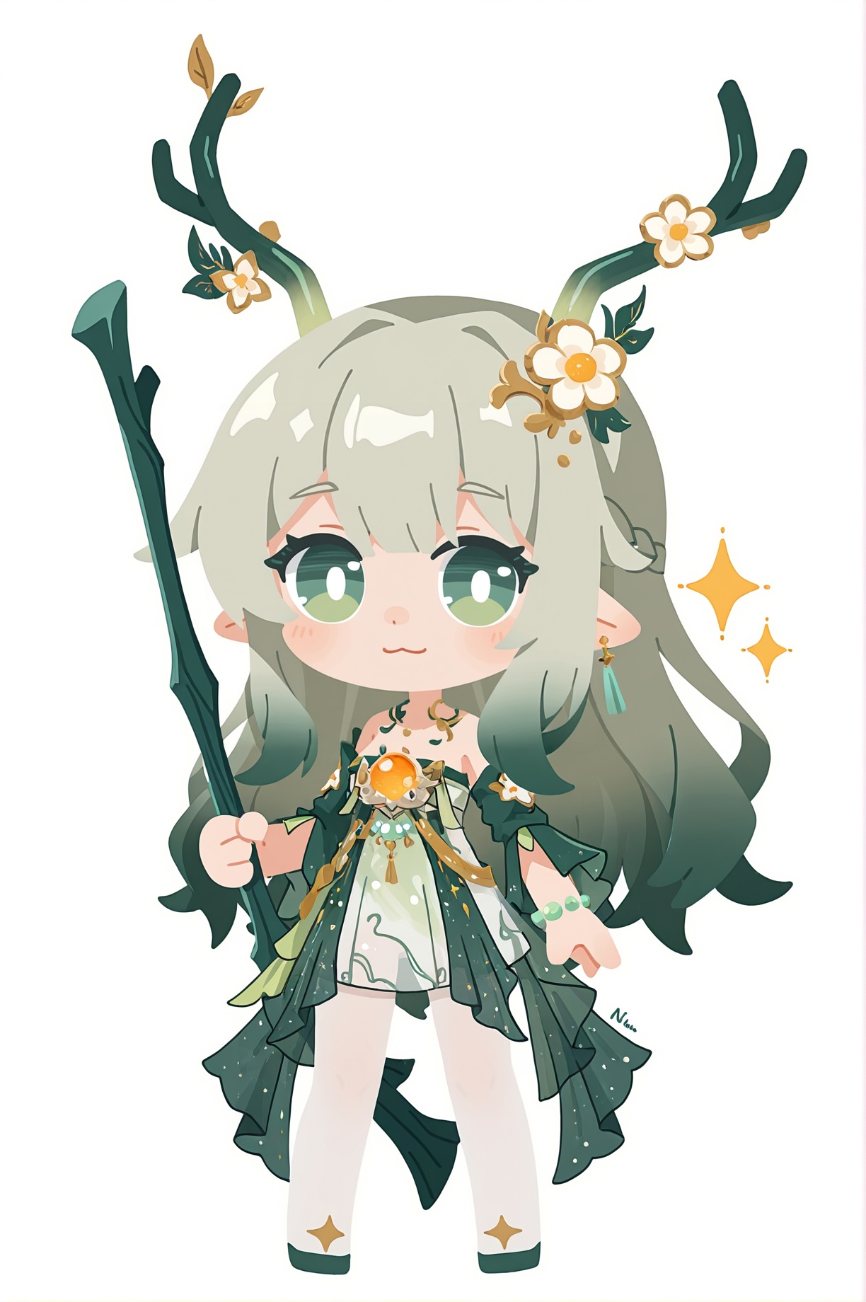 1girl,solo,long hair,blush,simple background,closed mouth,closed eyes,sparkle,:3,blue background,= =,<lora:初玖玖-五体方块:0.8>,artist:chujiujiu,chibi,full body,full shot,standing,looking at viewer,(solo:1.2),simple background,(white background:1.2),(white background:1.1),<lora:weimo-ill-Tanger-000013:0.8>,weimo \(book of yog\),weimodef,clothes: weimodef clothes,weimodef green-and-white dress,weimodef green ribbon,weimodef flower hair ornament,weimodef white pantyhose,weimodef detached sleeves,weimodef green-and-white deer horns,jewelry,twintails,1girl,long hair,antlers,see-through,grey hair,green hair,multicolored hair,hold a big scallion,holding,weapon,