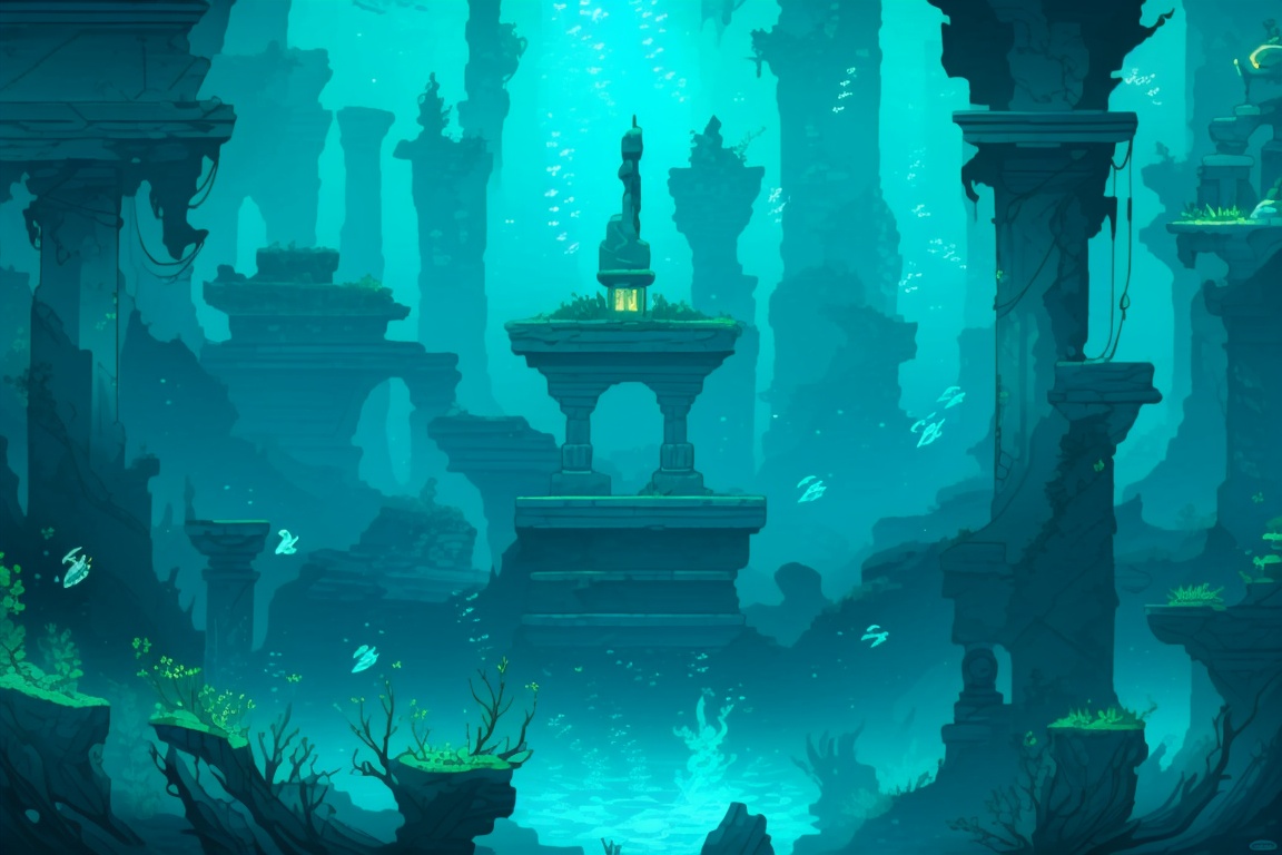 ((HRD, HUD, 8K)),((masterpiece, best quality)), highly detailed, soft light,GameScenes, scenery, fish, underwater, bubble, no humans, air bubble, ruins, blue theme, water, lantern, fantasy, architecture, pillar, <lora:20240330-1711769468704:0.9>