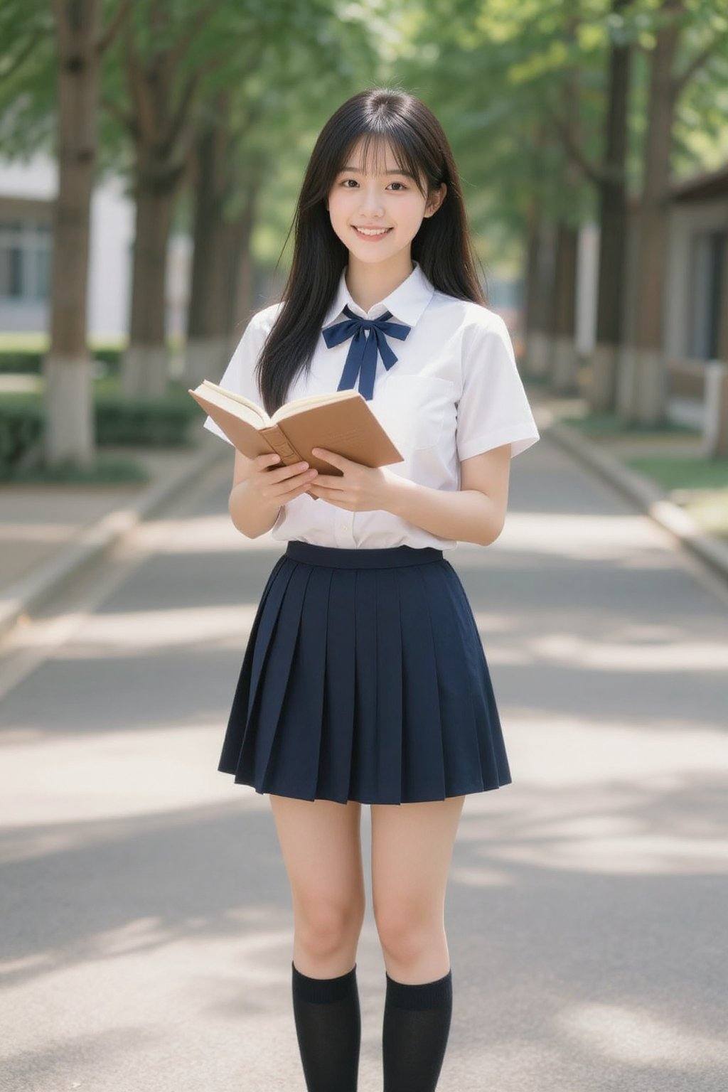 A young Asian woman, estimated age range 18-22, stands gracefully on a paved pathway, smiling warmly. She wears a classic school uniform comprising a white short-sleeved blouse with a navy blue sailor collar and tie. Her skirt is a pleated navy mini-skirt, contrasting with the white blouse. She has long, straight black hair with a fringe, slightly covering her eyebrows. Her skin is fair, smooth and her eyes are dark. She holds an open book with a brown cover, her expression radiating joy. Her legs are slender, and she is wearing knee-high black socks. The path is lined with tall trees, casting soft shadows across the scene, indicating bright daylight. The background reveals a building in the distance, partially blurred. The overall lighting is natural and even, enhancing the colors and details. The composition is a medium shot, slightly from a low angle, enhancing her presence. The image conveys a cheerful, youthful, and vibrant mood, possibly a school setting, with an air of pleasantness. Art style can be described as detailed realism with soft, warm tones. long legs,