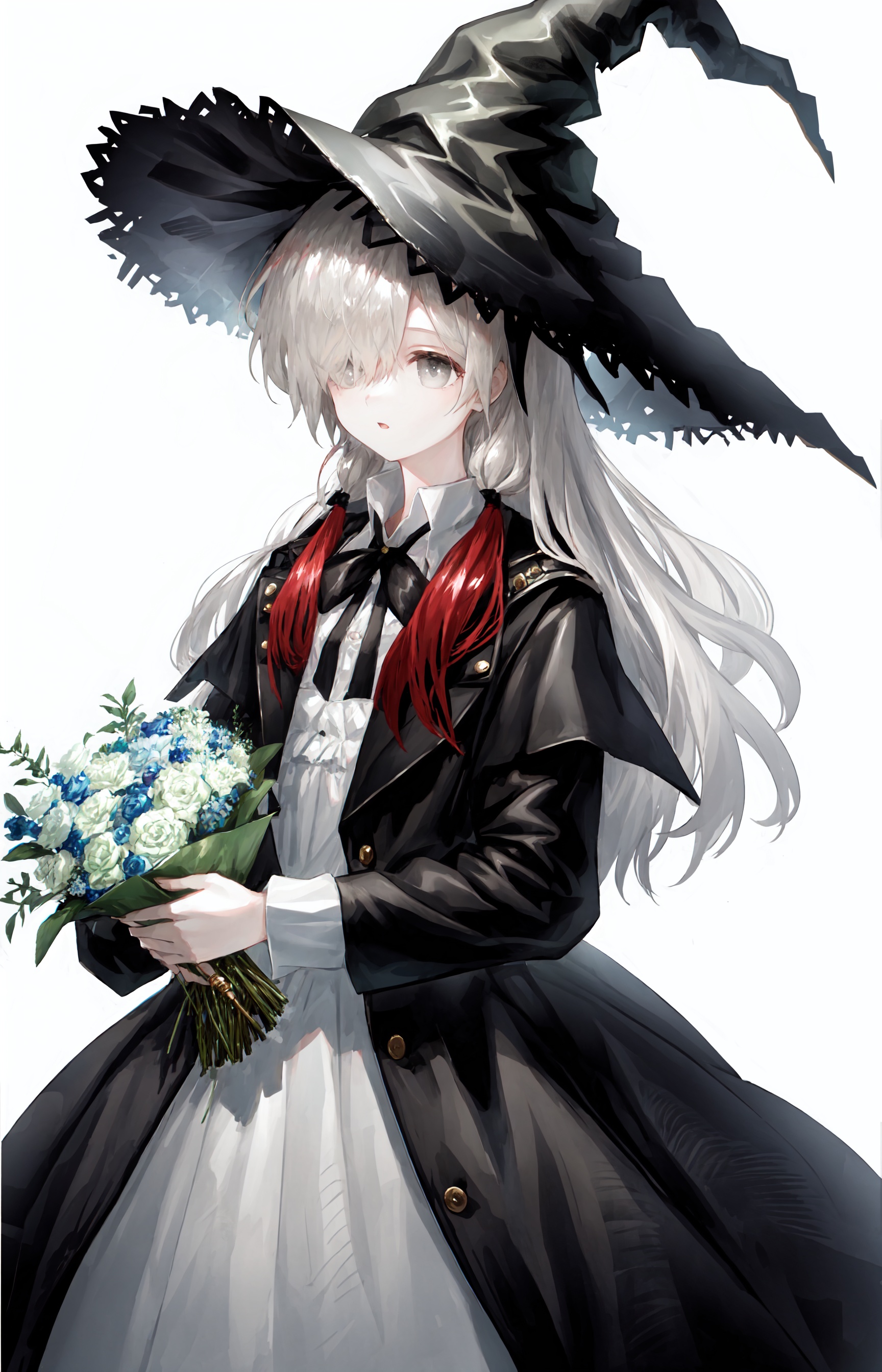 1girl, solo, hat, witch hat, flower, holding, long hair, hair over one eye, holding bouquet, bouquet, grey eyes, simple background, white background, black dress, multicolored hair, dress, red hair, long sleeves, black headwear, coat, parted lips, white hair
