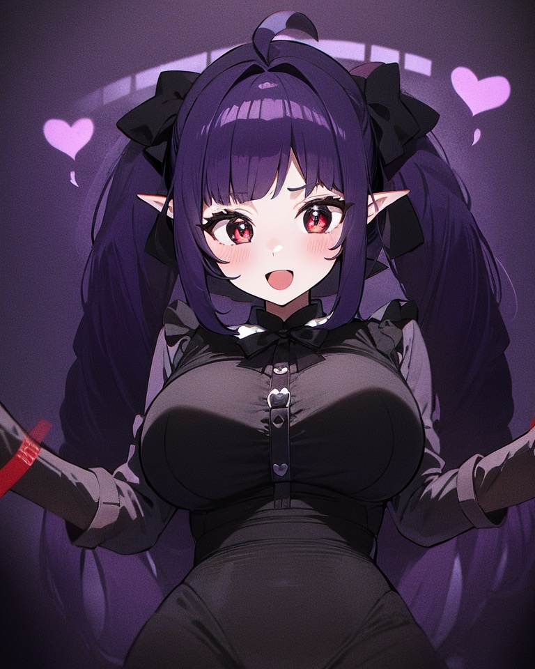 1girl, pointy ears, solo, breasts, red eyes, long hair, caution tape, heart, looking at viewer, open mouth, ahoge, symbol-shaped pupils, center frills, purple hair, smile, dress, heart-shaped pupils, frills, large breasts, long sleeves, blush, pantyhose, bow, black bow, drill hair