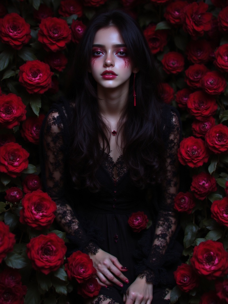 masterpiece, best quality, full body shot, eye-level angle, a young beautiful woman, surrounded by red flowers, not looking at the camera, full body, long shoulder-length straight black hair, dark red eyes, smoky makeup, delicate makeup, burgundy lipstick, silent, black long-sleeved dress, neutral expression, not smiling, low saturation, warm tone