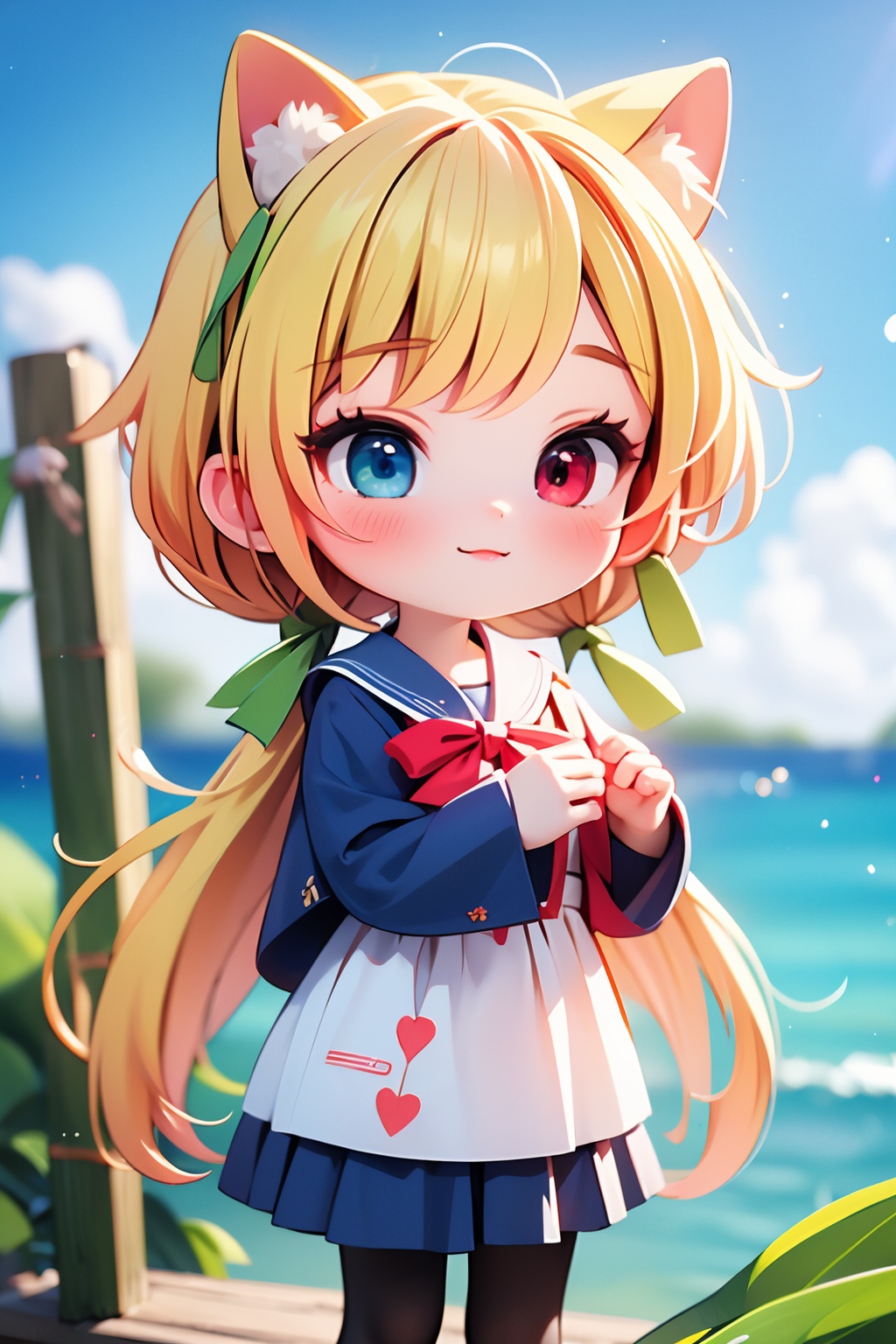 1girl,bangs,beach,bird,black legwear,(heterochromia:1.4),(red eyes:1.4),(blue eyes:1.4),very long blonde hair,cat ears clouds,blue sailor collar,blue skirt,blue sky,blush,red bow,closed mouth,cloud,cloudy sky,condensation trail,day,standing by the sea,