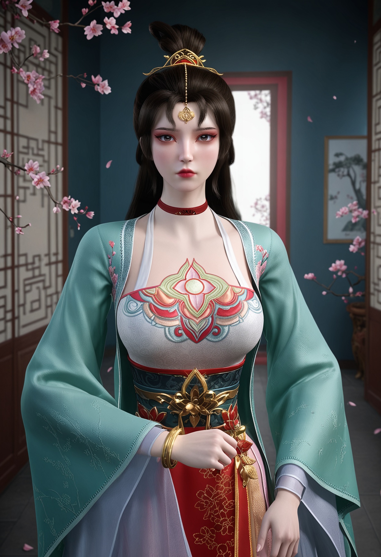 (cowboy shot:1.1),(looking at viewer:1.1),masterpiece,(best quality),smog,Dark room,dim lighting,peach blossom,falling petals,<lora:YQ_Illustrious光辉v5_墨云_V1:0.8>,q1528437228,1girl,solo,black hair,long hair,choker,red choker,hair ornament,dress,chinese clothes,long sleeves,jewelry,forehead mark,bracelet,wide sleeves,hair bun,brown hair,mole under eye,brown eyes,eyeshadow,red footwear,