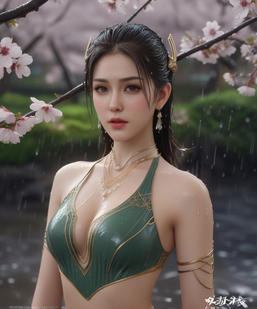 <lora:648-DA-XL-遮天-狠人大帝:0.8>(,1girl, ,best quality, ),looking at viewer, ,ultra detailed 8k cg, ultra detailed background,  ultra realistic 8k cg,          cinematic lighting, cinematic bloom, (( , )),,  , unreal, science fiction,  luxury, jewelry, diamond, pearl, gem, sapphire, ruby, emerald, intricate detail, delicate pattern, charming, alluring, seductive, erotic, enchanting, hair ornament, necklace, earrings, bracelet, armlet,halo,masterpiece, (( , )),, realistic,science fiction,mole, ,cherry blossoms,(((, , ultra high res, (photorealistic:1.4), raw photo, 1girl, wet clothes, rain, sweat, ,wet, )))(( , ))   (cleavage), (),