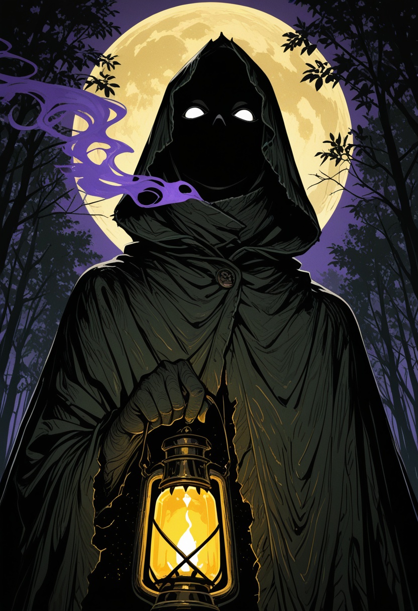 a half body portrait of a mysterious moth man cultist emerging from the wood,  wrapped in a tattered dark hooded cloak,  h...