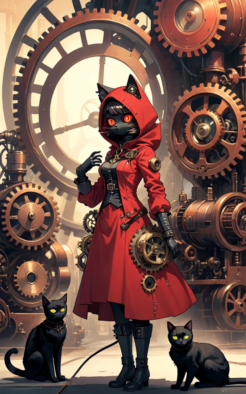 {Illustration} of a steampunk-themed scene featuring a red-hooded figure with intricate mechanical gadgets and gears,  acc...