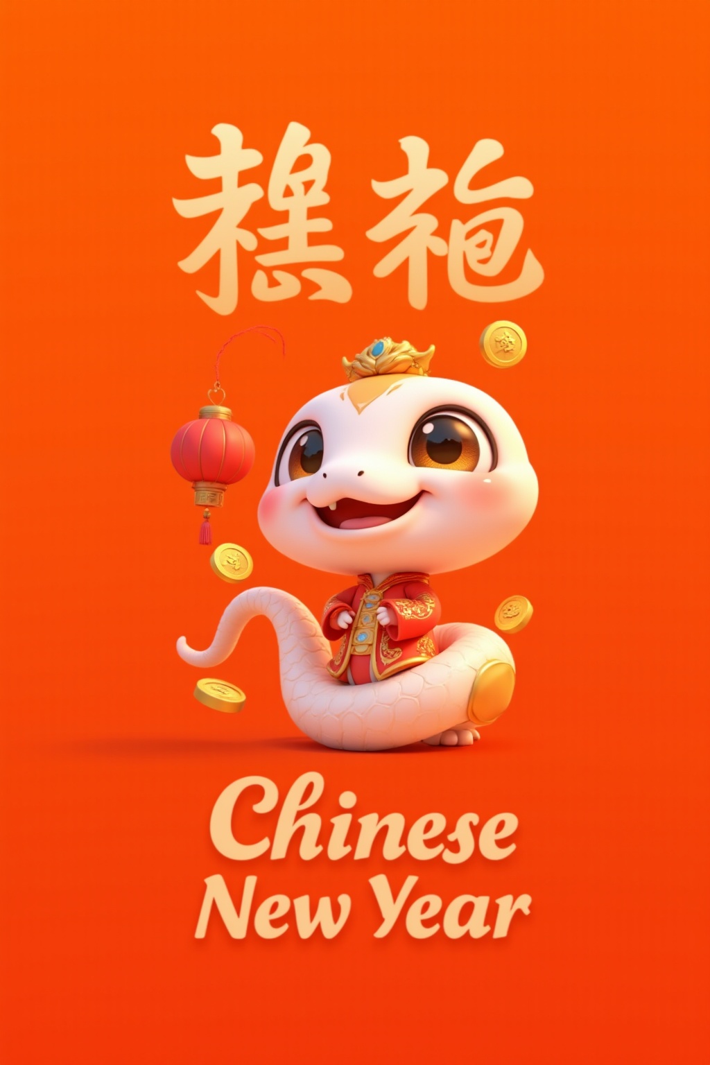 1snake,This is a digital CGI advertisement for the Chinese New Year, featuring a cute, white, cartoonish snake with large, expressive eyes and a playful expression. The snake wears traditional red Chinese attire with intricate patterns and a golden crown. Red paper lanterns and gold coins float around, enhancing the festive atmosphere. The background is a warm, gradient orange, and the text in the top half is in Chinese characters, with English text underneath. <lora:IP-蛇宝宝FLUX:0.8>