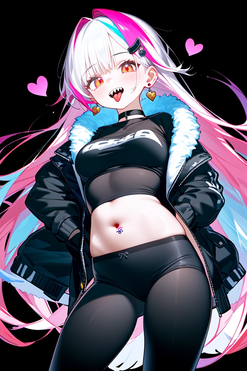 1girl,solo,long hair,looking at viewer,open mouth,bangs,hair ornament,long sleeves,jewelry,pink hair,white hair,heart,multicolored hair,earrings,teeth,choker,tongue,tongue out,collar,streaked hair,fangs,sharp teeth,multicolored eyes,creature,colorful,colored tongue,red tongue,breasts,looking at viewer,shirt,navel,jewelry,medium breasts,underwear,standing,panties,jacket,cowboy shot,earrings,open clothes,midriff,pants,hood,stomach,open jacket,black jacket,crop top,***,fur trim,black panties,black shirt,tattoo,turtleneck,highleg,mouth hold,bandages,black pants,black background,smoke,contrapposto,highleg panties,open fly,