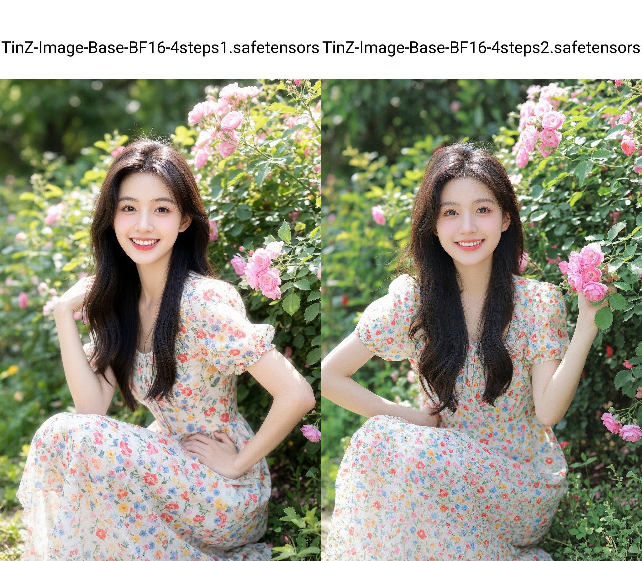 This is a high-resolution photograph of a young Asian woman with a fair complexion and long, wavy, dark brown hair. She is smiling brightly, revealing her straight white teeth, and is positioned slightly crouching among a lush garden of blooming pink roses and green foliage. Her attire consists of a short-sleeved, white dress adorned with a colorful floral pattern featuring red, blue, and yellow flowers. The fabric of her dress appears soft and slightly textured, likely made from cotton or a similar material.The woman's makeup is minimal, with a natural look that enhances her features. Her eyes are accentuated with a subtle smoky eye, and her lips are painted a soft pink. She has a slender physique, and her posture is relaxed yet poised, with her right hand gently touching a rose bush while her left hand rests on her hip.The background is filled with various shades of green and pink from the flowers and leaves, creating a vibrant and serene natural setting. The sunlight filters through the foliage, casting soft, warm light on her and the surrounding plants, adding to the peaceful and joyful ambiance of the photograph.
