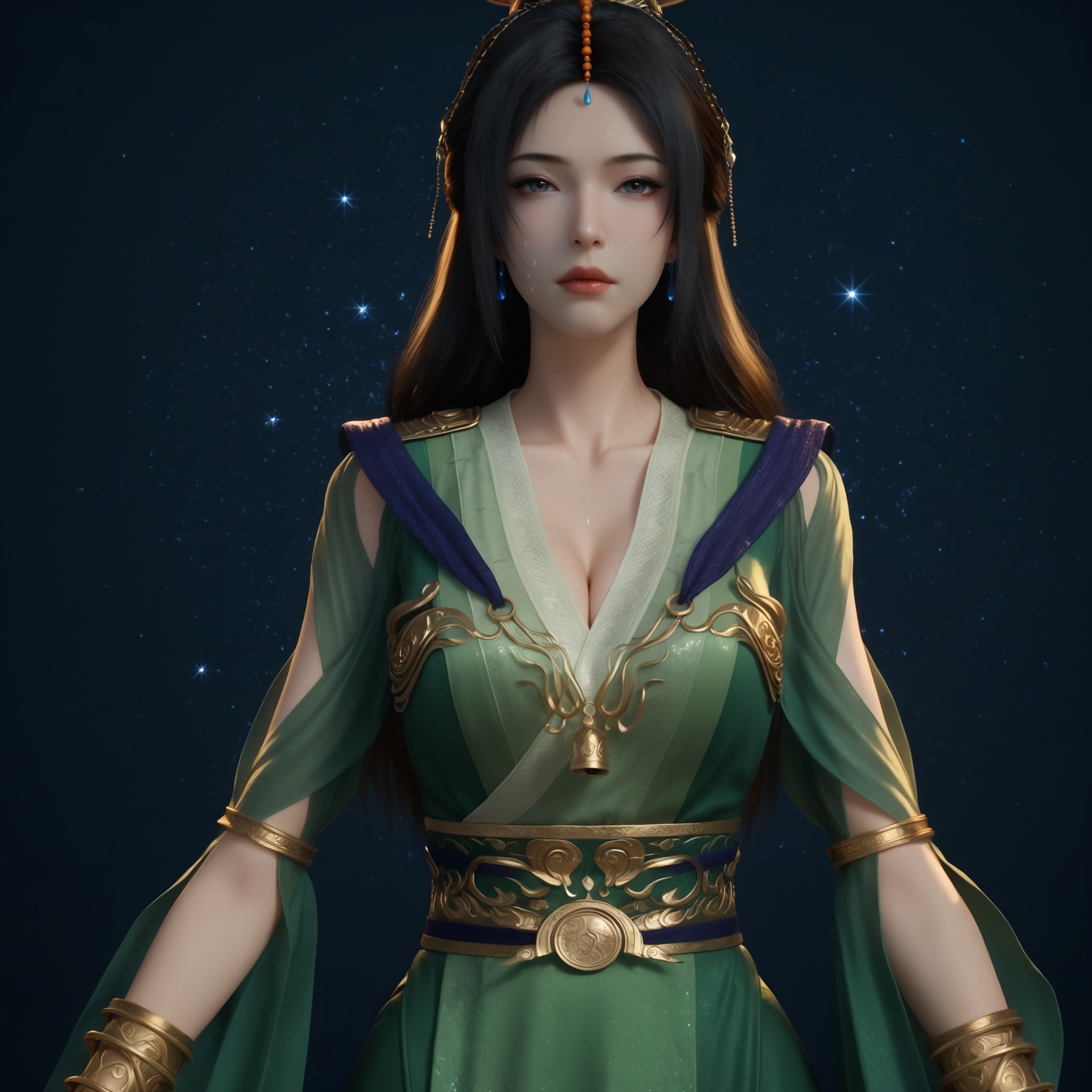 (score_9),upper body,<lora:柳玉-apony:0.83>,liuyu,1girl,solo,long hair,hair ornament,single hair bun,black hair,earrings,traditional dress,green_traditional dress,armlet,jewelry,waistband,chest bell,bracer,gold,see-through sleeves,mature_female,collarbone,pointy breasts,puffy breasts,(large teardrop breasts),teardrop breasts,teardrop breasts,cleavage,BREAK<lora:Expressive_H-000001:0.8>,light blush,Expressiveh,looking at viewer,front view,<lora:皮肤凹痕:1.2>,fair_skin,(pale skin),(sweaty_skin),ultra-detailed skin texture,detailed textures,sweat,sweatdrop,BREAKsimple background,<lora:e色温:-0.25>,sparkle,sparkle background,fluorescence,fluorescent,4K ultra HD,sharp focus,high detail,high contrast,