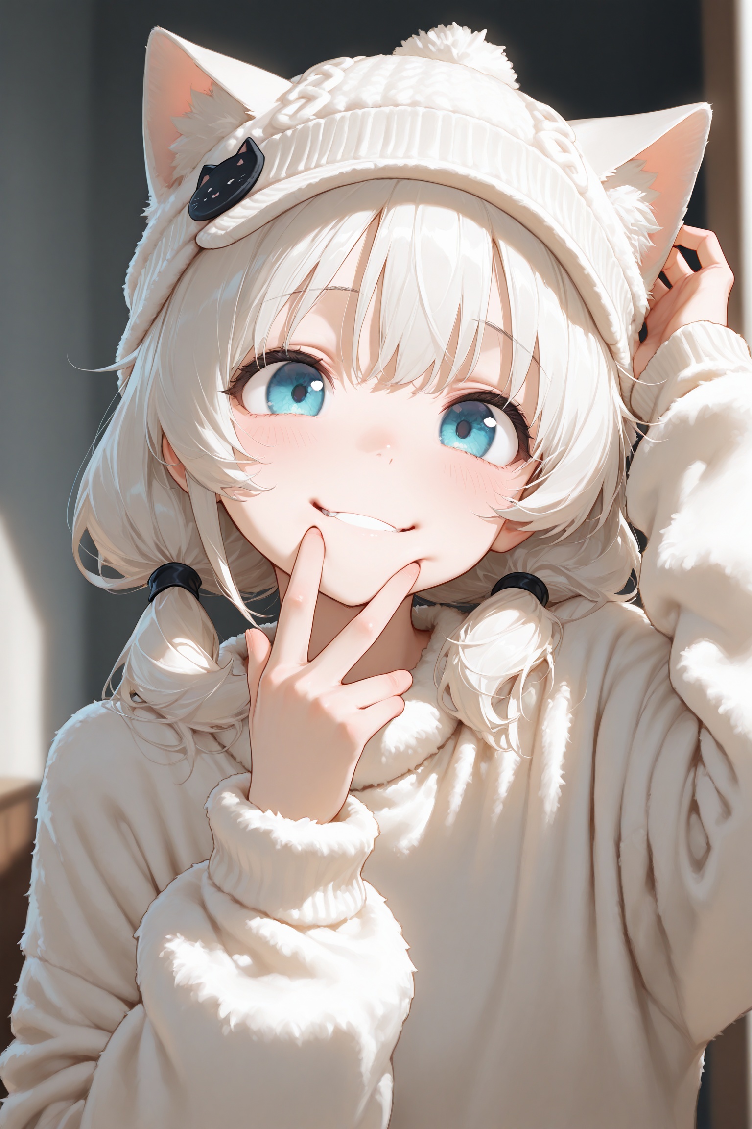 masterpiece,best quality,amazing quality,very aesthetic,absurdres,newest,1girl,catgirl,fluffy sweater,cute hat,pullover cap,ears sticking out of the hat,scratching your head,happy,mouth open,fingers hooked to your mouth,white_hair,low_twintail,cyan_eyes,