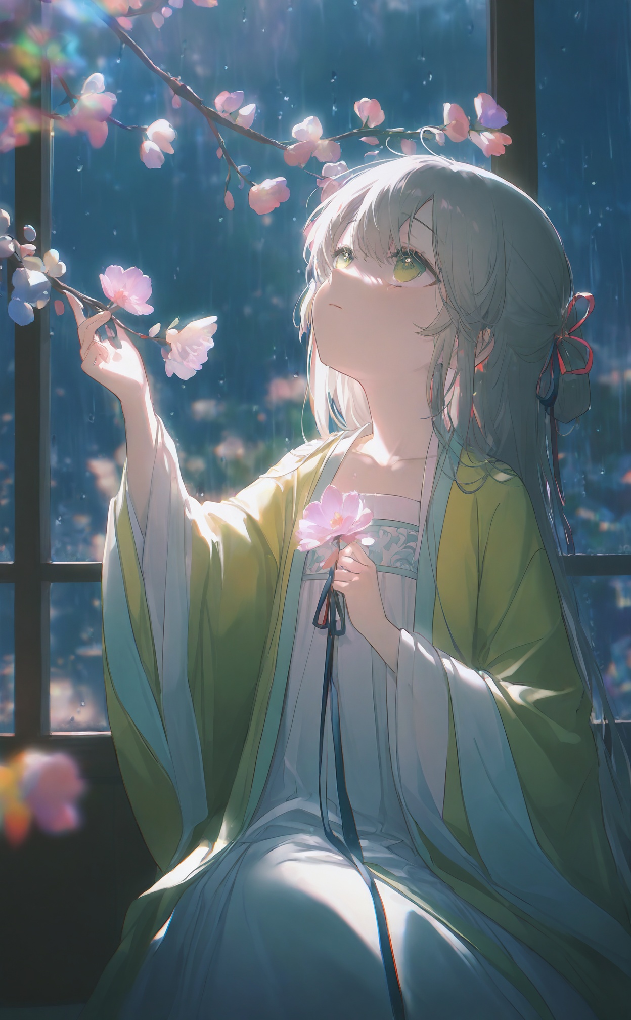 masterpiece,highres,absurdres,newest,best quality,high quality,loli,petite,chromatic_aberration,//,,illustration,ultra detailed,hdr,Depth of field,(colorful),hanfu,1girl,loli,solo,green eyes,chinese clothes,rain,flower,window,night,wide sleeves,ribbon,long sleeves,grey hair,long hair,hair ribbon,indoors,branch,collarbone,looking up,holding,sitting,closed mouth//,<lora:konya_karasue3——【noob】hans:0.8>,