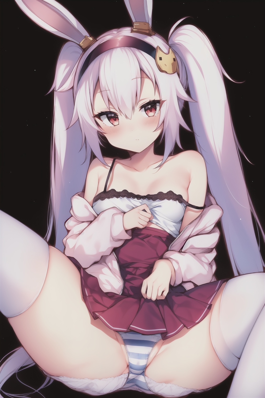 1girl, solo, striped panties, laffey \(azur lane\), striped, underwear, panties, thighhighs, red eyes, animal ears, long hair, twintails, skirt, white hair, looking at viewer, white thighhighs, hairband, blush, rabbit ears, camisole, red skirt, simple background, white background, jacket, pink jacket, breasts, bow panties, white camisole, pleated skirt, strap slip, bangs, hair between eyes, collarbone, small breasts, off shoulder, bare shoulders, spread legs, bow, thighs, fake animal ears, closed mouth, open clothes, open jacket