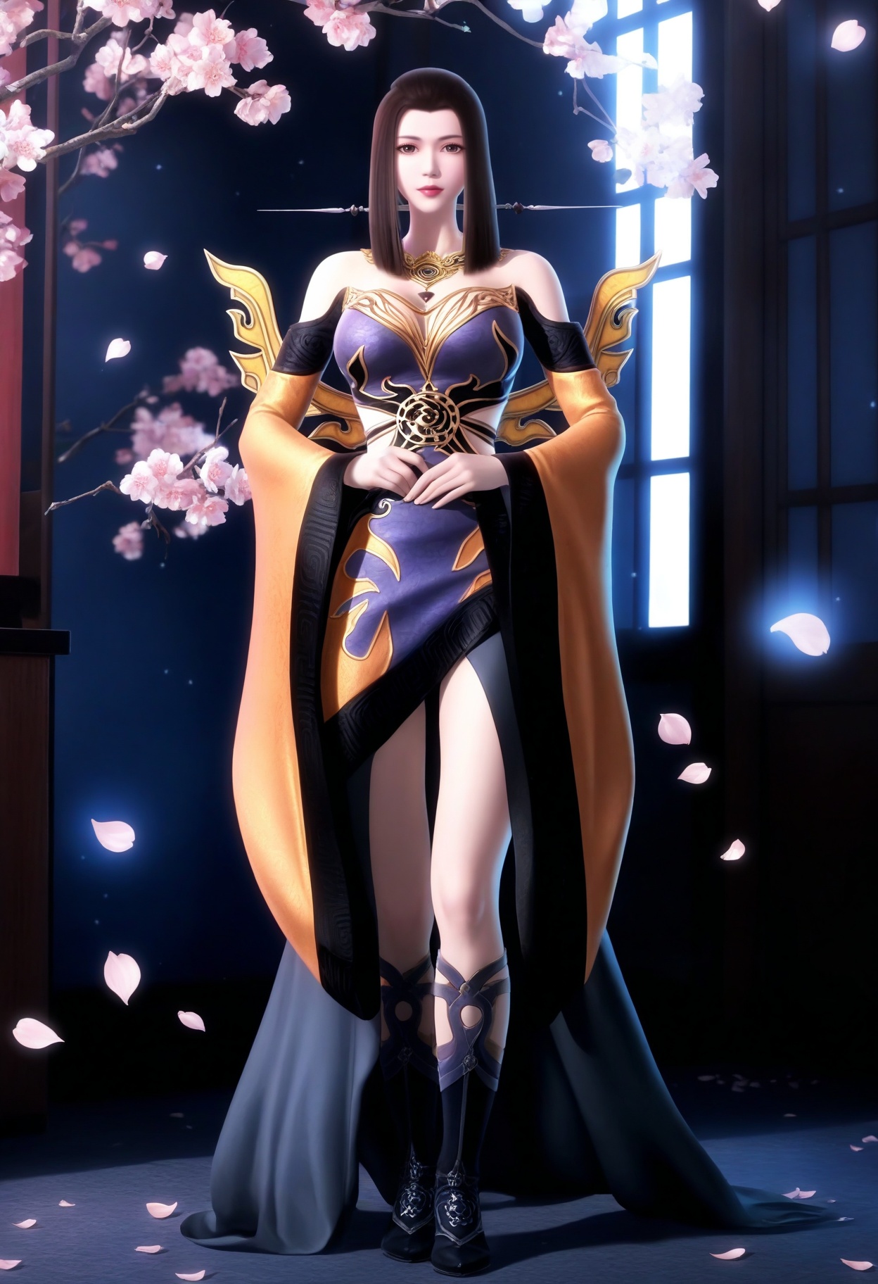 masterpiece,best quality,amazing quality,very aesthetic,high resolution,ultra-detailed,absurdres,scenery,photorealistic,(looking at viewer:1.1),(Dark room:1.3),(moody lighting:1.1),peach blossom,falling petals,(large breasts:0.8),yanfei,1girl,solo,long hair,black hair,brown hair,jewelry,dress,brown eyes,necklace,hair ornament,earrings,boots,ponytail,sidelocks,armor,detached sleeves,black footwear,high heels BREAK photorealistic details,<lora:QQSillyanfeiV1:0.8>,