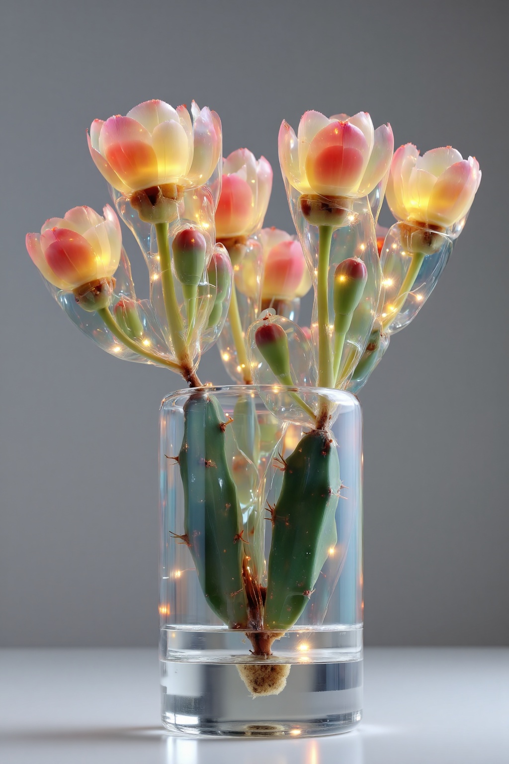 beijihui,a clear glass vase is placed on a white surface. The vase,filled with a variety of colorful tulips,including yellow,orange,and red,are arranged in a cluster. The tulips are encased in a transparent transparent glass,each with a cactus-**** shape,adding a touch of contrast to the composition. The background,a gray wall can be seen behind the vase.,