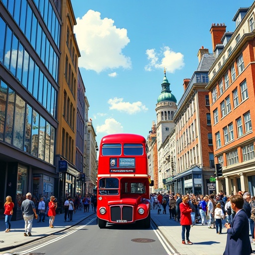 Create an image of a bustling urban landscape in the style of David Hockney. The scene should feature a busy street with a...
