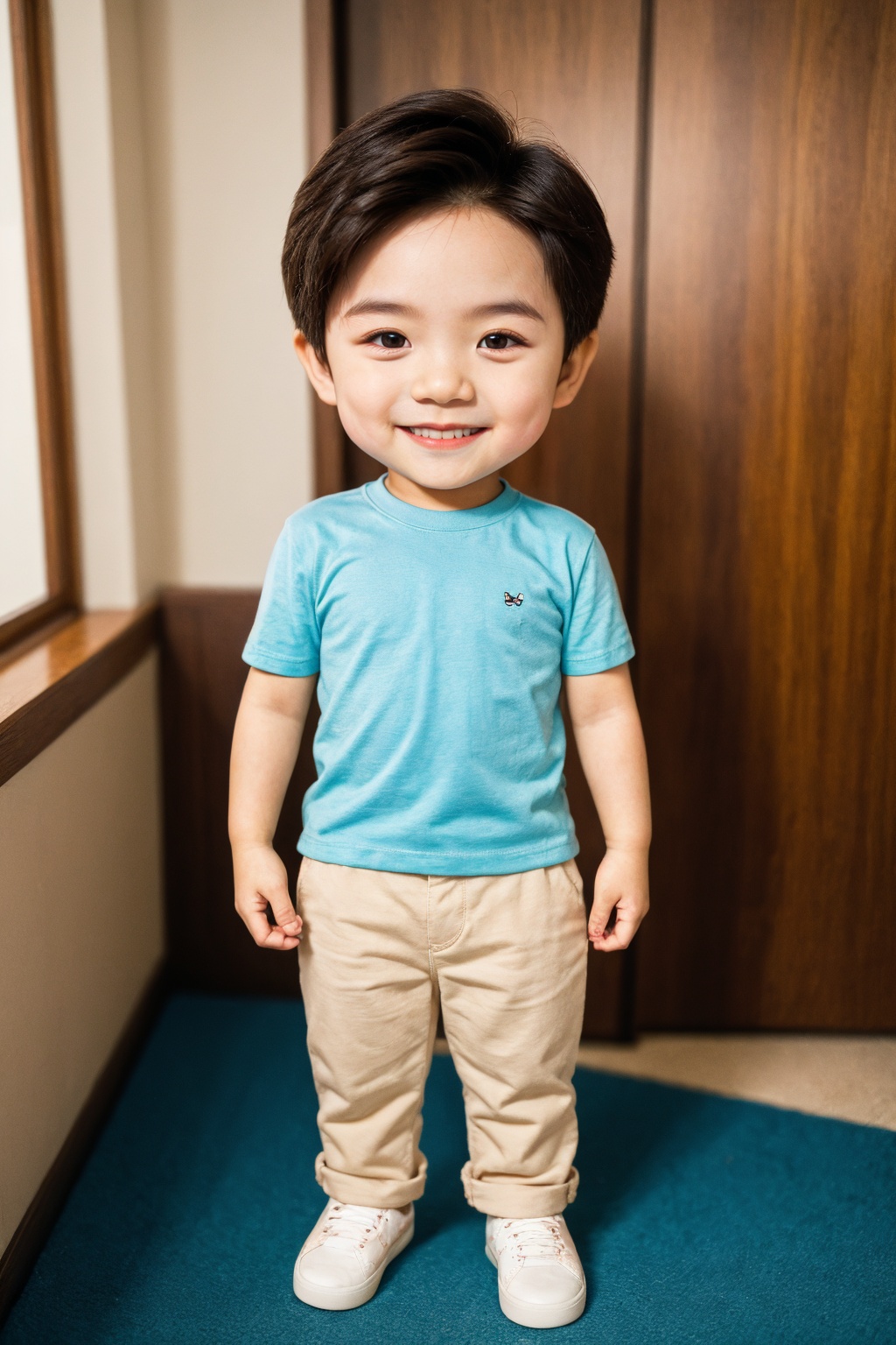 boy, solo, film grain, realistic, photorealistic, brown eyes, blue shirt, pants, smile, standing, looking at viewer, full body, chibi, indoors, 