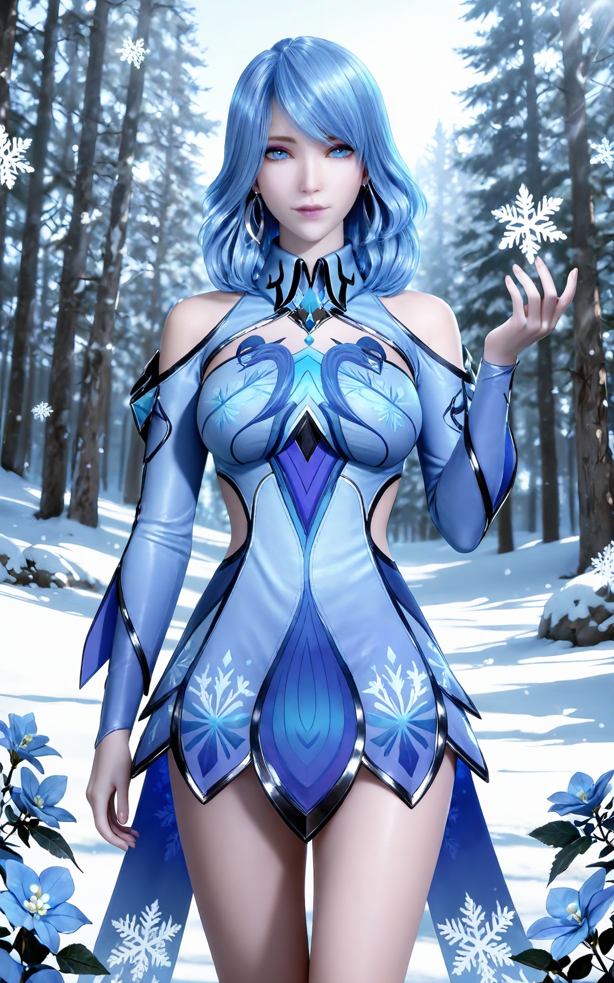 masterpiece,high quality,tall,game cg,highres,(soft light:1.2),white_skin,(shiny_skin:0.6),(realistic:1.1),<lora:水冰儿ILL:0.8>,shuibinger,blue hair,blue eyes,longeyelashes,makeup,medium hair,looking at viewer,long sleeves,nature,flowers,day,1girl,solo,dress,large breasts,earrings,jewelry,long hair,looking at viewer,hoop earrings,(collared_dress:1.1),bare shoulders,frills,short dress,print_dress,blue dress,winter,sonw,snow,ice,snowflakes,snowfakes floating on the hand,