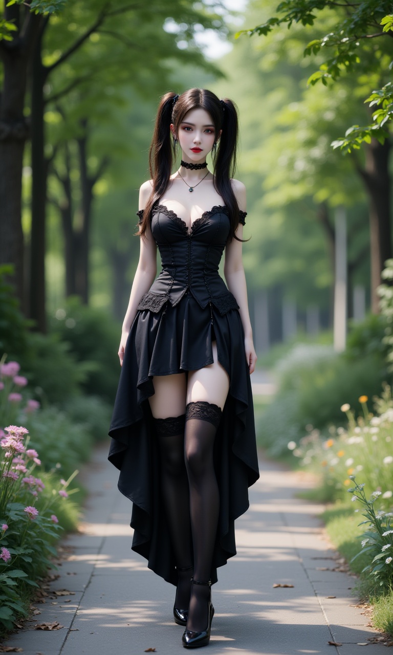 JQZX, . this is a high-resolution photograph featuring a young east asian woman standing confidently on a paved pathway in a lush, green park. she has a fair complexion with a slight tan, and her long, dark brown hair is styled in high pigtails, secured with black hair ties. her makeup is bold and striking, with dark red lipstick, dark eyeliner, and a subtle blush, enhancing her striking features.she is dressed in a provocative, gothic-inspired outfit consisting of a black corset top with lace trim and a plunging neckline, accentuating her ample breasts. the corset is cinched at the waist, emphasizing her hourglass figure, and is paired with a black, high-waisted skirt that is pleated and has a dramatic, asymmetrical hemline that flares out at the bottom, revealing her black thigh-high stockings. she wears black high-heeled shoes with ankle straps, adding to her elegant yet edgy appearance.the background showcases a serene park setting with dense foliage, including tall trees and shrubs, and the pathway is lined with greenery and flowers on both sides. the sunlight filters through the trees, casting dappled shadows on the ground, creating a tranquil, almost mystical atmosphere...,<lora:F1-斗破苍穹-美杜莎:1>,