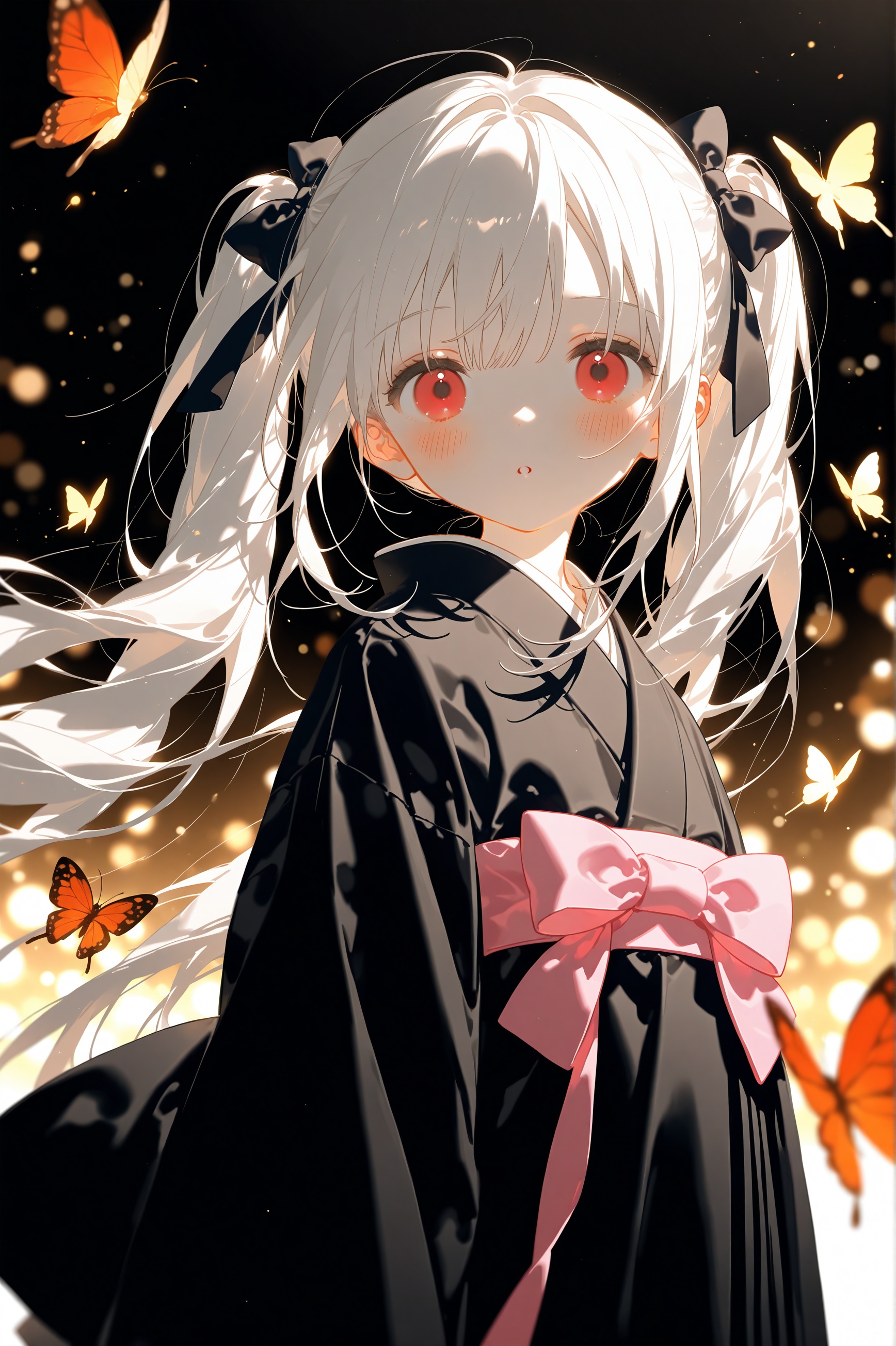 masterpiece,best quality,high quality,loli,konya,1girl, solo, long hair, looking at viewer, blush, bangs, red eyes, long sleeves, bow, twintails, very long hair, upper body, white hair, hair bow, parted lips, japanese clothes, kimono, blurry, :o, black dress, black bow, floating hair, depth of field, animal, bug, pink bow, butterfly, black kimono