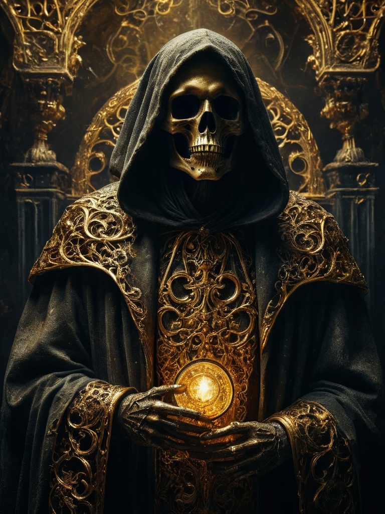 award winning studio photo of the grim reaper,  golden filigree,  low key by Shopon_skp on Tensor.Art
