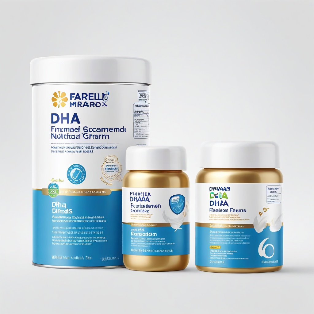6.(Highly detailed packaging design:1.3), infant formula product, smooth and semi-gloss finish, (modern and clean branding:1.3), central focus on the text "Famna" in (bold blue sans-serif font:1.3), (Nutifood Sweden logo on top:1.2), minimalist and professional design, (light blue and white color palette:1.2), subtle golden accents, packaging includes both a small box and large tin can, (detailed product information clearly displayed on the front:1.3), "Pure Swedish Nutrition" tagline, emphasis on (health and growth benefits for children:1.2), (shield emblem with icons representing "Smart Growth," "Height Growth," and "Good Absorption":1.2), (DHA and FDI indicators:1.1), (bold and clear, semi-rounded rectangular layout:1.1), additional details like (100% DHA from Algae symbol in small green text on the bottom left:1.2), (professional medical aesthetic:1.2), clear vertical spacing, (high-gloss plastic lid on the large container:1.2), subtle lighting to enhance the (3D appearance:1.2), soft shadows to increase (depth:1.1), (high-quality printing textures:1.2), balanced use of (color and contrast:1.2), suitable for (high-end retail display:1.3), (professional and precise layout:1.2), (medical and clean appearance:1.2), realistic reflections on the packaging, (smooth label texture with fine typography details:1.2).