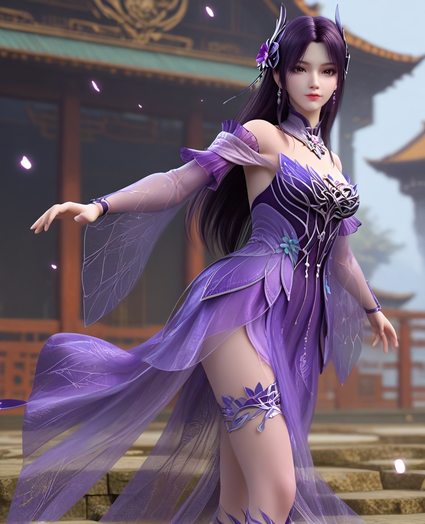 (oriental architecture, elegant decor, sophisticated style:1.1),(Power Stance, Feet shoulder-width apart, fists clenched at the sides, chest forward, and head held high,:1.1),looking at viewer,(breasts:1.2),<lora:XL16斗破苍穹小医仙黑发斗尊:0.95>,miss xiaoyixian,purple dress,rufous eyes,dark purple hair,half-up braid with long cascading hair,hair ornament,bare shoulders,detached collar,wide flowing sleeves with sheer fabric,earrings,jewelry,purple sheer fabric petticoat,sash,spiral foot decoration,purple high heels,, score_9,score_8_up,score_7_up,score_6_up,score_5_up,score_4_up,3d rendering,tag1,tag2, Cinematic Lighting,backlighting,, zPDXL3, zPDXL2,zPDXL, zPDXLxxx, zPDXLrl,
