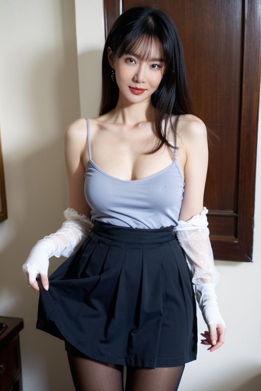 1 Girl, Solo, Small Bag, Long Hair, Gloves, Sexy Dress, Dazed, Looking at the Audience, Black Hair, Gloves, Lips, Bare Shoulders, Realistic, Upper Body, Parted Lips, Brunette, Collarbone, Nikon Camera, Natural Light, Super High Quality, Best Works, chang,long sleeves,beautifull huge boobs, chunyu, black dress, shidudou,pantyhose, (china dress), skirt_lift,*****,dripping, office lady,pencil skirt, blue dress ,see-through,(skirt lift:1.5),  , 