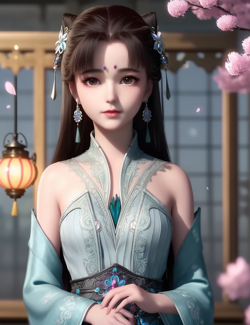 ultra realistic 8k cg, picture-perfect face, flawless, clean, masterpiece, professional artwork, famous artwork, cinematic lighting, cinematic bloom, perfect face, beautiful face, fantasy, dreamlike, unreal, science fiction,  beautiful clothes, lace, lace trim, lace-trimmed legwear,  (rich:1.4), prestige, luxury, jewelry, diamond, gold, pearl, gem, sapphire, ruby, emerald, intricate detail, delicate pattern, charming, alluring, seductive, erotic, enchanting, hair ornament, necklace, earrings, bracelet, armlet,halo((,1girl, ,))(((,teenage,full moon,lantern, cherry blossoms, 1girl, tree, spring_\(season\), solo, black_hair,chinese clothes,looking at viewer, upper body, ))) <lora:DA_LanLingEr:0.6>