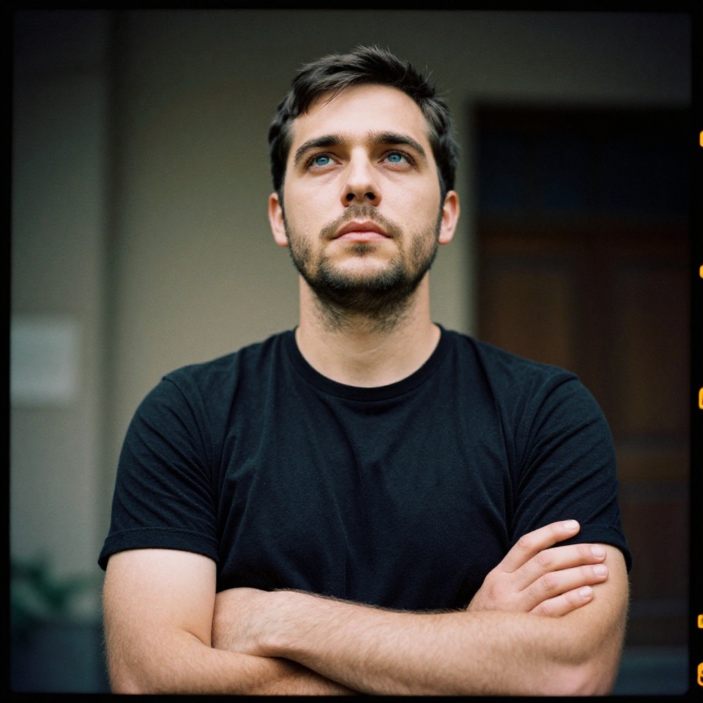 analog film photo of cinematic style,  Kodak Portra 400 analog film stocks of a man with his arms crossed looking up,  hum...