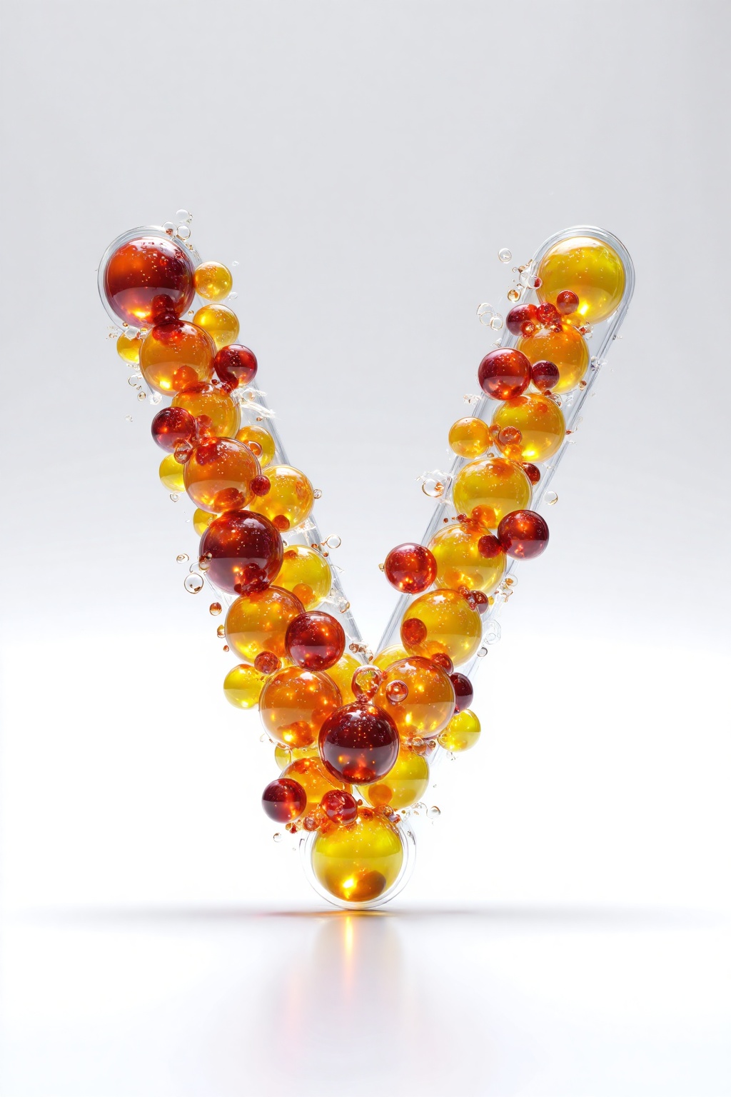 beijihui,3D icon design of letter 'V',**** of molecular-gastronomy-style gel spheres in vibrant citrus colors suspended in clear agar matrix,each bead ripe with translucent liquid core,hyperrealistic,hyperdetail,front view,studio lighting,100mm lens,white solid background,
