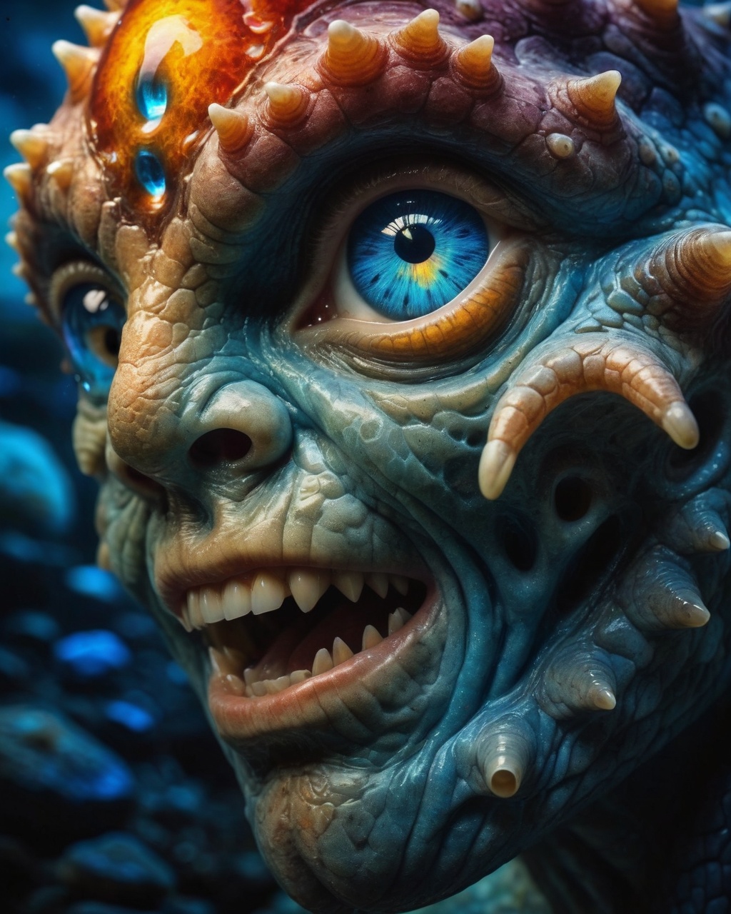 (monster) Photo of a beautiful austere-looking colorful majolica sea-creature with translucent scales emitting glowing cos...