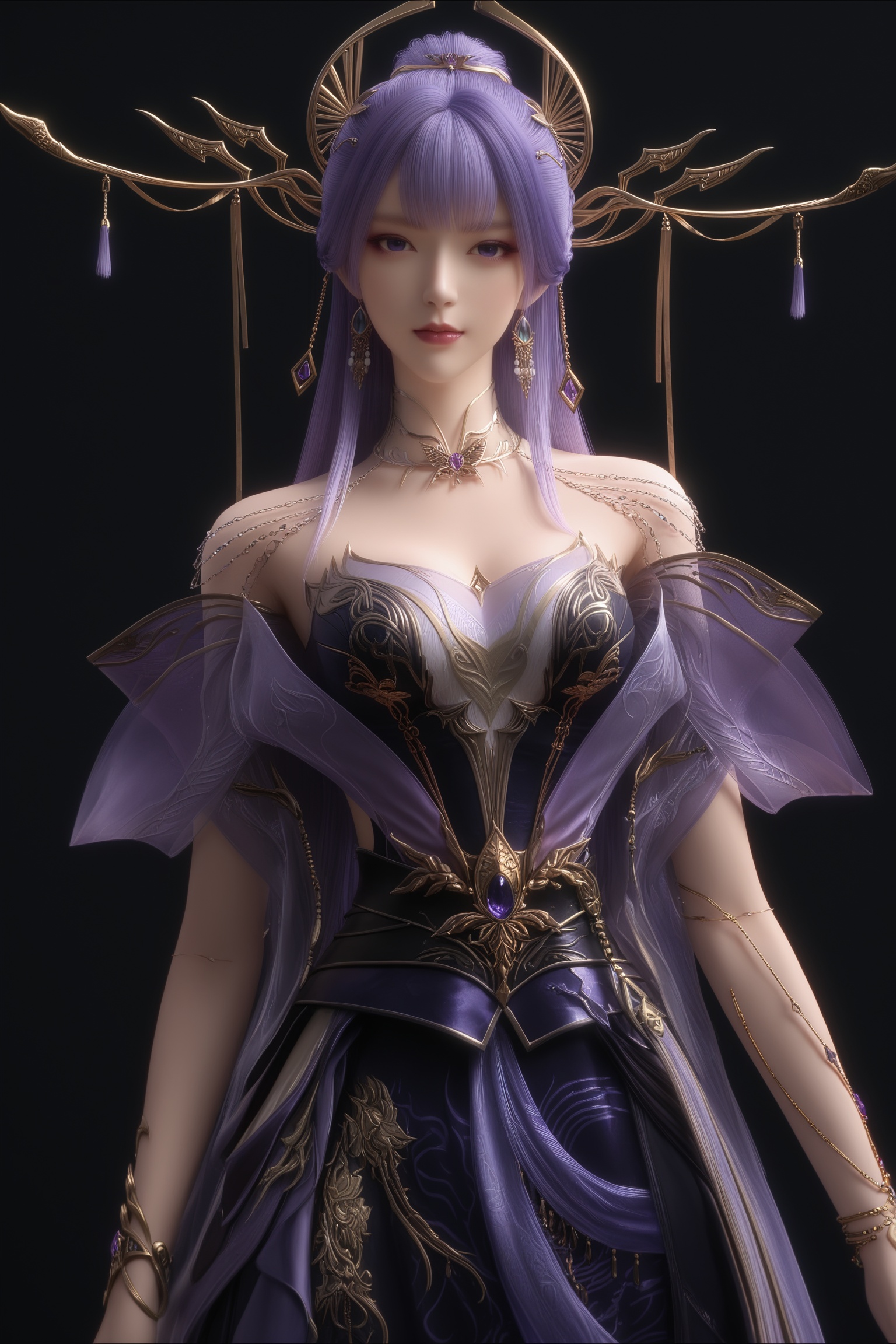 masterpiece,best quality,absurdres,highres,1girl,solo,<lora:新-天穹-ill:0.85>,looking at viewer,front view,upper body,purple and black,BREAKlong hair,purple hair,jewelry,ornate hair ornament,golden headpiece,long dangling earrings,antler-like crown,tassel headdress,choker,shoulder chains,sheer overlay,corset top,high-waisted skirt,arm chain,BREAK(white_skin:1.1),(fair_skin:1.1),realistic,simple background,black background,
