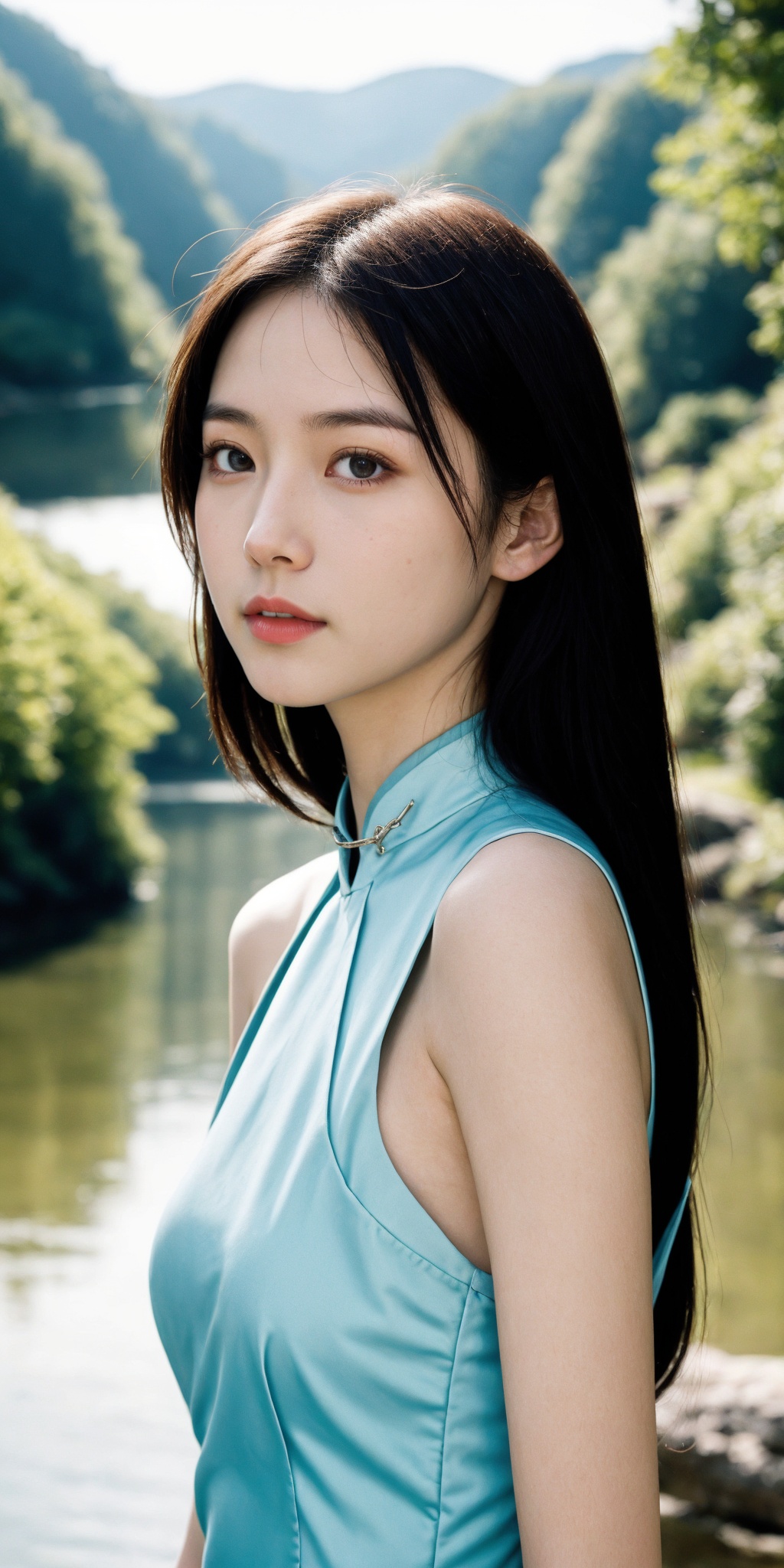 girl, cheongsam, realistic skin, skin pores, upper body, film grain, realistic, photorealistic, river,