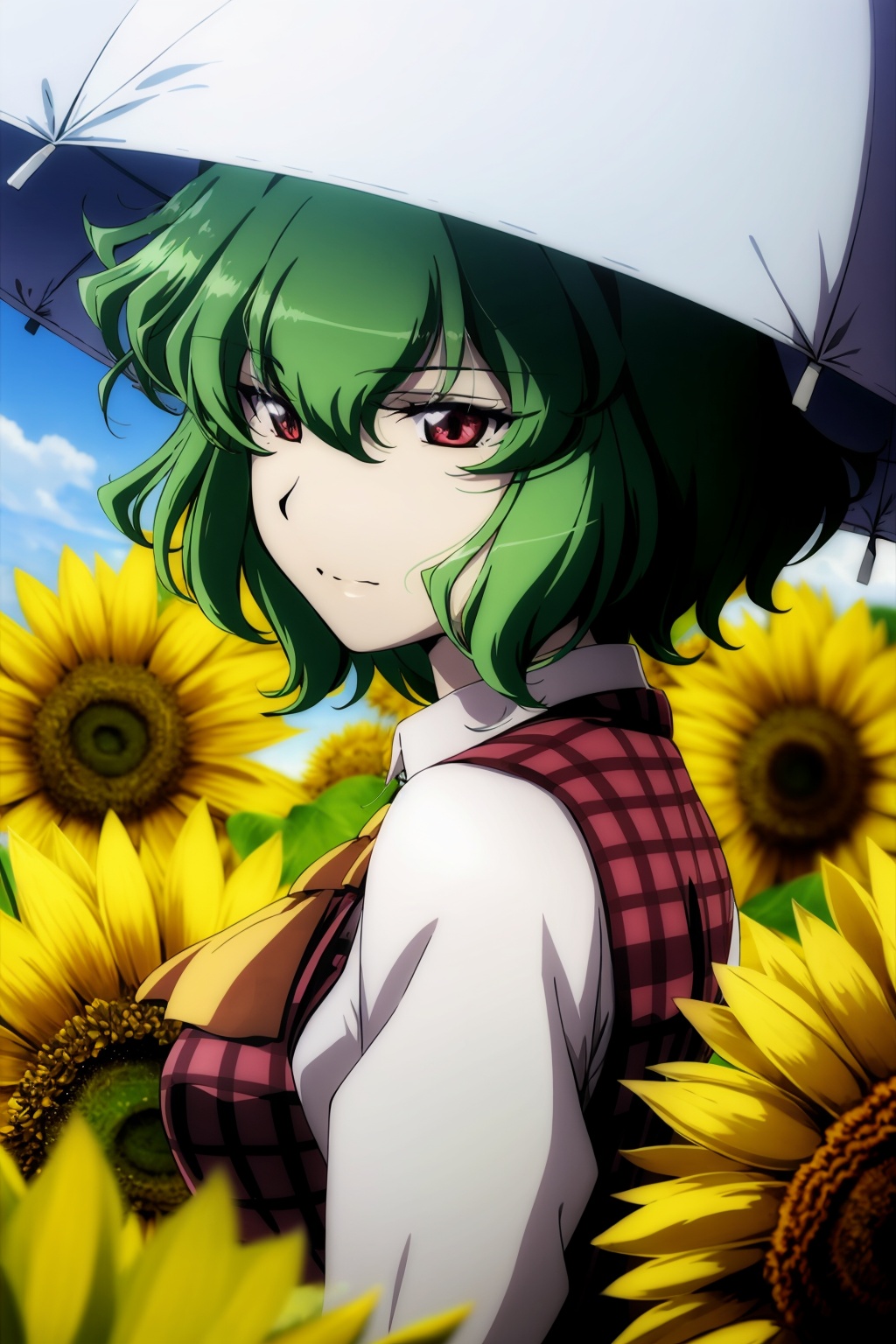 masterpiece, best quality, <lora:tgm-v2:1>,pixiv,  kazami yuuka, 1girl, sunflower, solo, green hair, flower, umbrella, red eyes, plaid vest, short hair, vest, plaid, looking at viewer, blurry, parasol, depth of field, looking back, shirt, upper body, ascot, hair between eyes, holding, white shirt, wavy hair