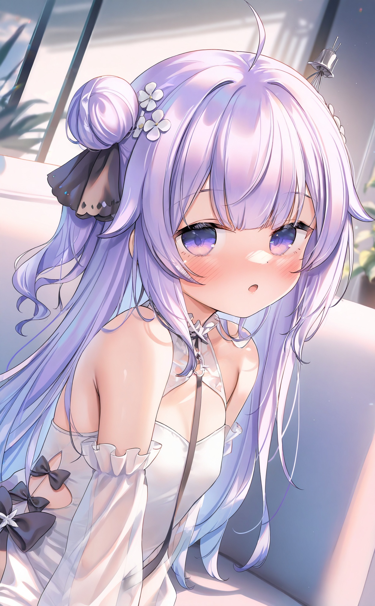 masterpiece,very aware,highres,absurdres,newest,best quality,loli,petite,high quality,chromatic_aberration,cinematic_angle,dutch angle,Light Blue Theme,//,1girl, purple_eyes, solo, unicorn_\(azur_lane\), purple_hair, hair_bun, long_hair, window, single_side_bun, looking_at_viewer, white_dress, blush, parted_lips, ahoge, dress, detached_sleeves, bow, indoors, plant, hair_ornament, bare_shoulders, flower, potted_plant, hair_ribbon, black_bow, ribbon, black_ribbon, single_hair_bun, hair_flower, see-through, one_side_up, see-through_sleeves, couch, :o, upper_body, white_flower, official_alternate_costume, white_sleeves//,//,official art,depth of field,detailed light,blurry background,best shadow,shiny skin,cinematic lighting,ray tracing,amazing quality,very aesthetic,absurdres,beast quality,ultra detailed,newest,8K,HDR,//,<lora:guizhencao——【noob】hans:0.88>,