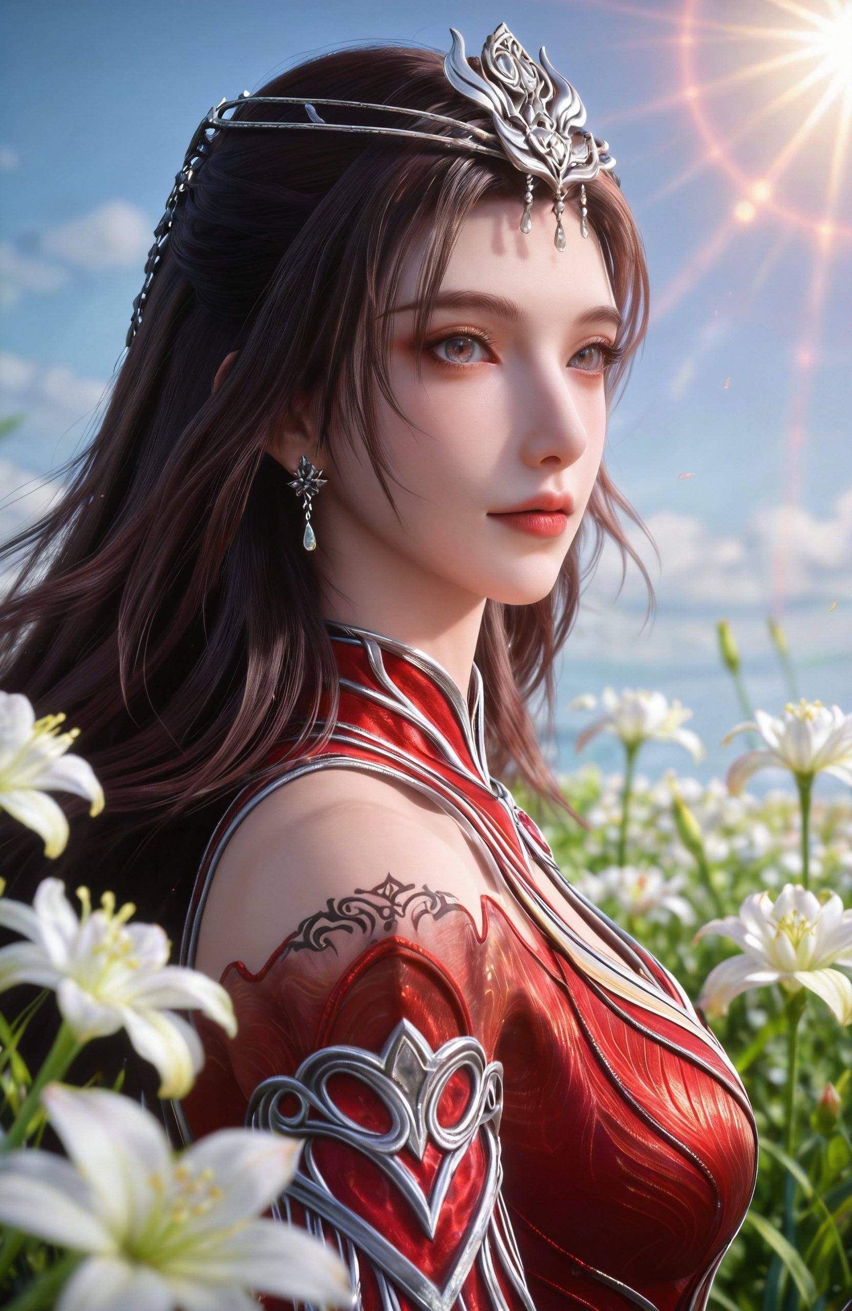 <lora:神墓3-灵尸雨馨Pony:0.7> 1girl,  long hair, brown hair, hair ornament, dress,  jewelry, bare shoulders, earrings, detached sleeves, clothing cutout, bare legs,  red nail polish,red dress, tiara, arm tattoo,, realistic style photo,outstanding style,adding a touch of dimension to your images without compromising details,whirls of vapor,ethereal ambiance,delicate details,magical atmosphere,concept art,highly detailed,ultra-high resolution,32K UHD,sharp focus,best-quality,masterpiece,golden hour,unconventional supreme masterpiece,masterful details,temperate atmosphere,with a high-end texture,in the style of fashion photography,magazine style,Dynamic Angle,Dynamic posture,(cowboy_shot:1.2),depth of field,lens flare,extreme aesthetic,masterpiece,best quality,good quality,newest,year 2025,very aesthetic,absurdres,Visual impact,A shot with tension,ultra-high resolution,32K UHD,sharp focus,best-quality,masterpiece,Emotionalization,unconventional supreme masterpiece,masterful details,temperate atmosphere,with a high-end texture,in the style of fashion photography,(Visual impact:1.2),giving the poster a dynamic and visually striking appearance,, masterpiece, very aesthetic, best quality, newest, absurdres, highres, frantile, cinematic feeling, portrait, profile, (close-up:1.5), eye focus, bright pupils,  wind, lily \(flower\), too many flowers, white flower,