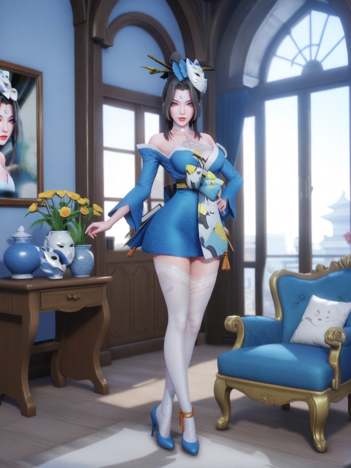score_9,<lora:SF_MeiYu_Pony_Realism2.3-000004:0.7>,1girl,SFMeiYu,solo,breasts,looking at viewer,dress,hair ornament,black hair,forehead mark,lipstick,makeup,eyelashes,eyeshadow,fox mask,lace-trimmed legwear,mask on head,thighhighs,standing,blue footwear,white thighhighs,chair,window,indoors,flower flower pot,