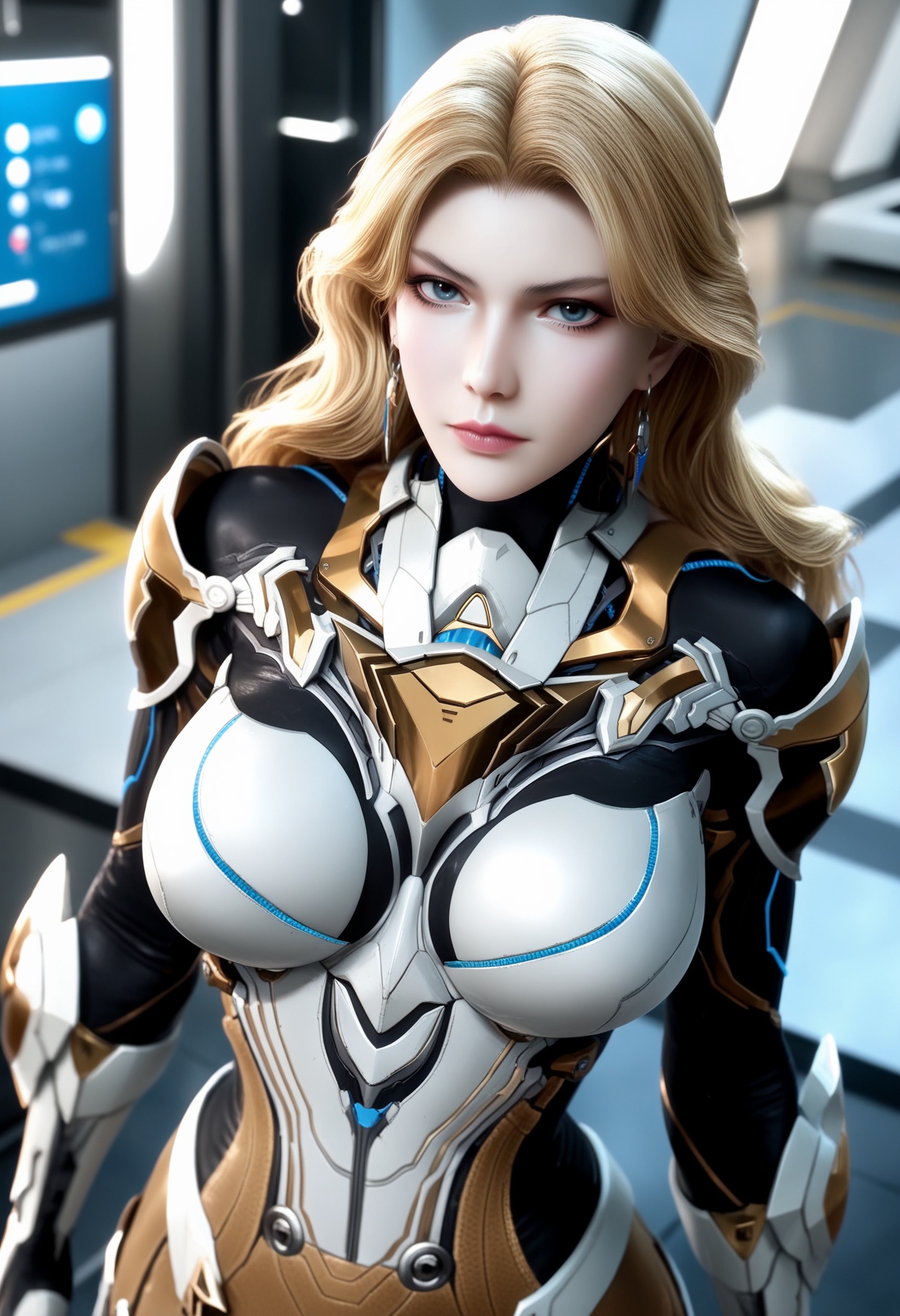 masterpiece,best quality,amazing quality,very aesthetic,high resolution,ultra-detailed,absurdres,scenery,photorealistic,(looking at viewer:1.1),upper body,large breasts,weinina,1girl,solo,blonde hair,long hair,earrings,jewelry,armor,bodysuit,blue eyes,realistic,skirt,high heels,indoors BREAK photorealistic details,<lora:QQSillweininaV2:0.8>,