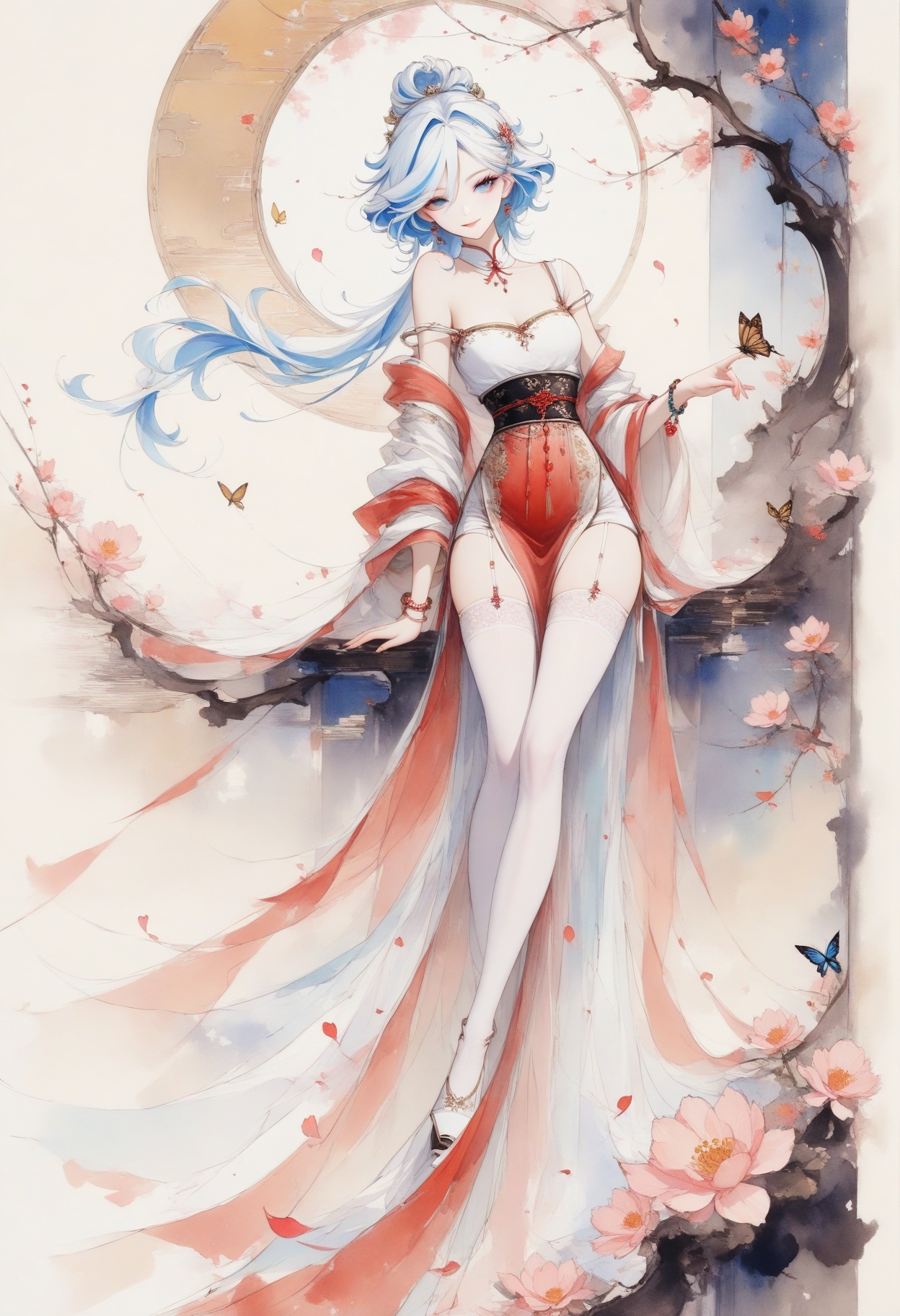 colorink,masterpiece,best quality,amazing quality,very aesthetic,sharp focus,high-end texture,(very awa,year 2024,newest,highres,absurdres),furina_(genshin_impact),genshin_impact,1girl,blue_eyes,blue_hair,1girl,solo,long hair,narrow waist,long eyelashes,earring,smile,looking at viewer,lips,dress,seductive smile,parted lips,jewelry,hair clip,bracelet,hair ornament,flower,***,butterfly,falling petals,alternate costume,ace-trim,garter straps,thighhighs,full body,dynamic pose,chinese_clothes,white hanfu,(strap slip),off shoulder,long_sleeves,simple background,