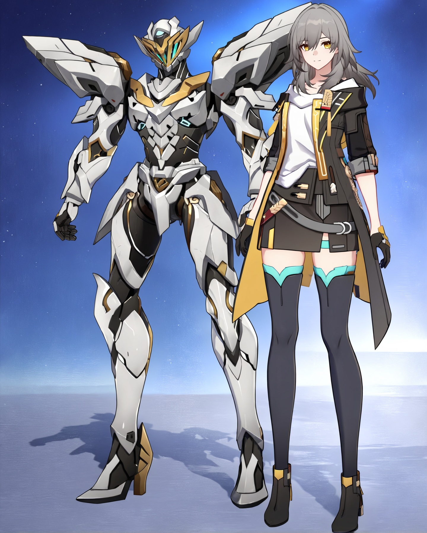 (8k:0.9), best quality, masterpiece, (ultra-detailed:1.2), (high detailed skin), full body, <lora:LKtrainre-A3-Tanger-000010:0.7>, stelle /(honkai: star rail/), stelle's def clothes, Sam /(honkai: star rail/), 1girl, robot,  two anime characters standing next to each other, 