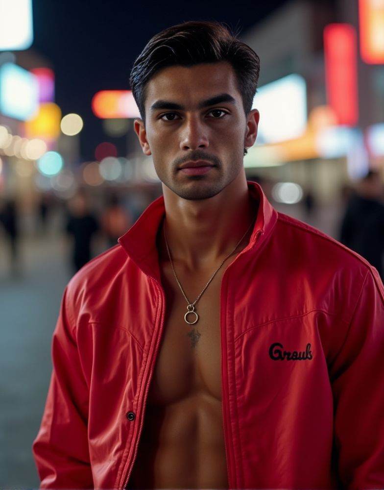 Ferran Torres ,  realistic photo in a worn ((skin-revealing skimpy erotic red tracksuit. massive pecs)). big pecs. big arm...