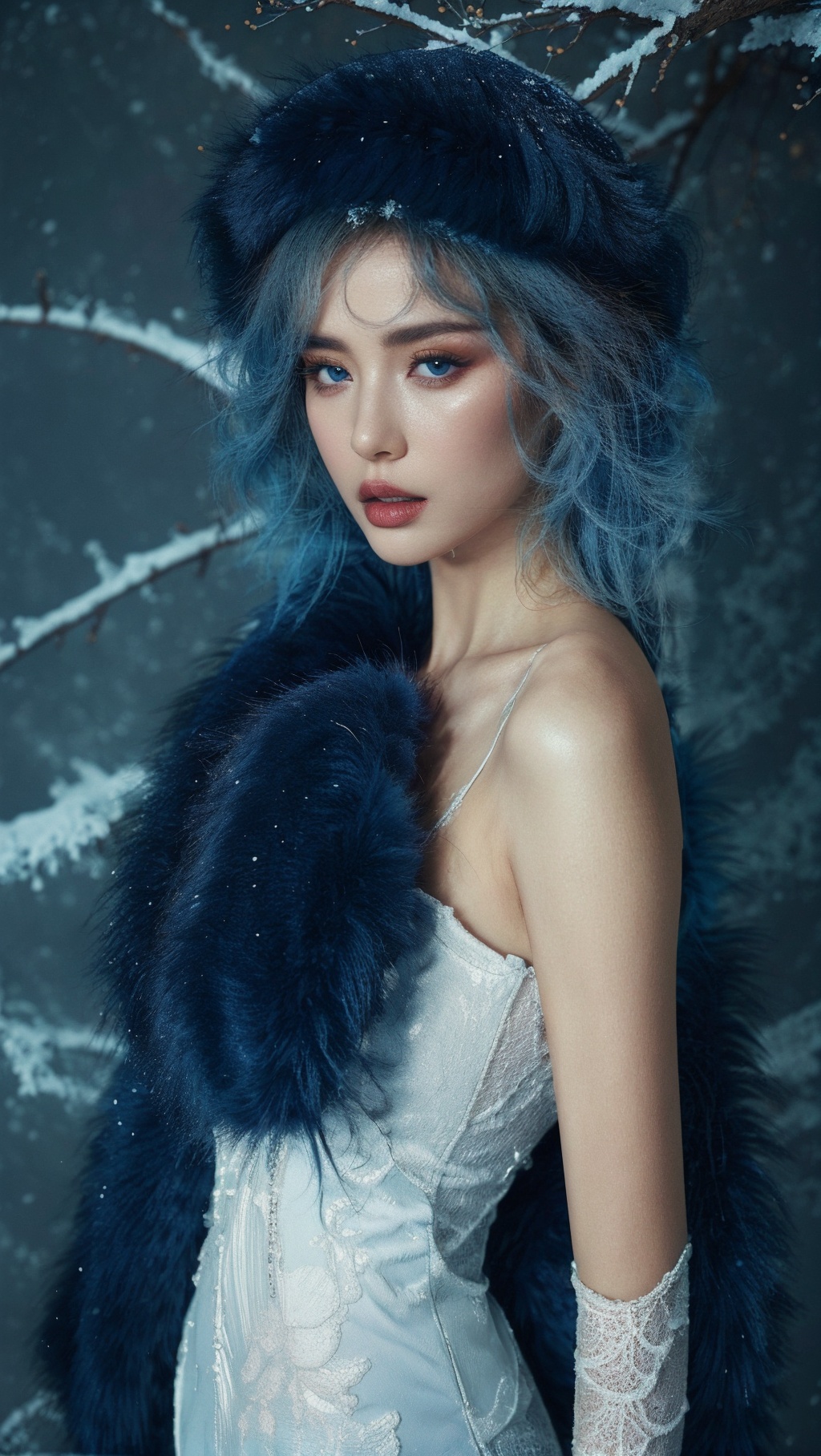 winter, sdmai, xiaodiao, mink fur coat, Blue tone style background, close-up view, 1girl, solo, dress, blue hair, looking at viewer, bare shoulders, blue eyes, gloves, fur, elbow gloves, realistic, lips, makeup, parted lips, branch<lora:SDMAI小貂xiaodiao:0.8>,