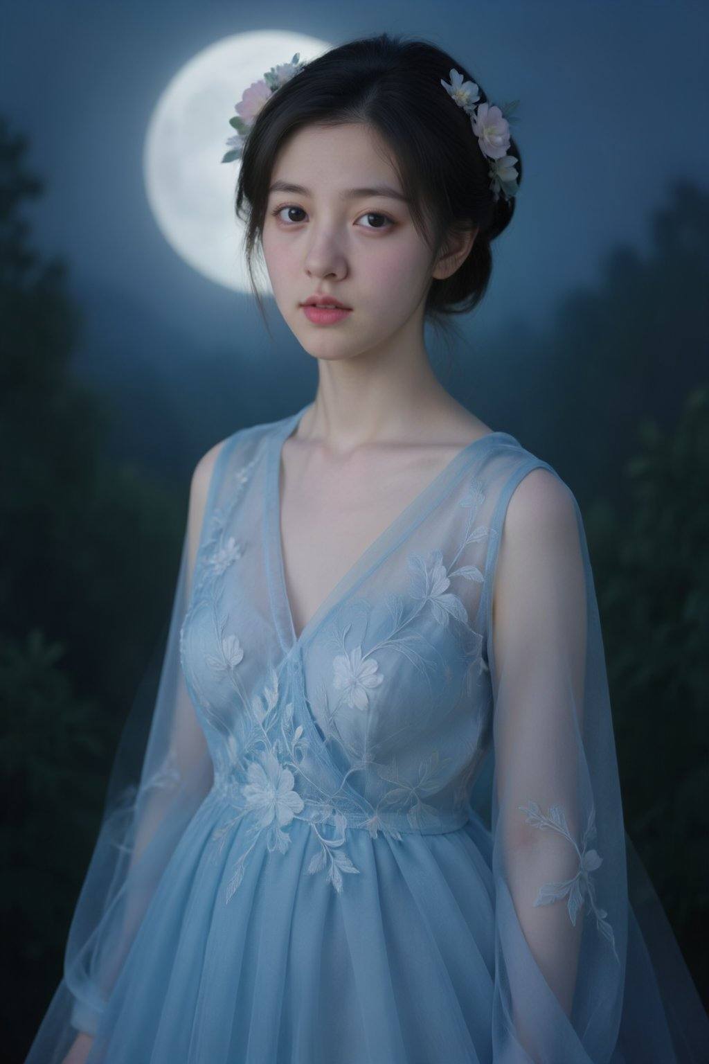 A photograph of a young East Asian woman with fair skin and dark hair styled in an elegant updo adorned with floral hair a...