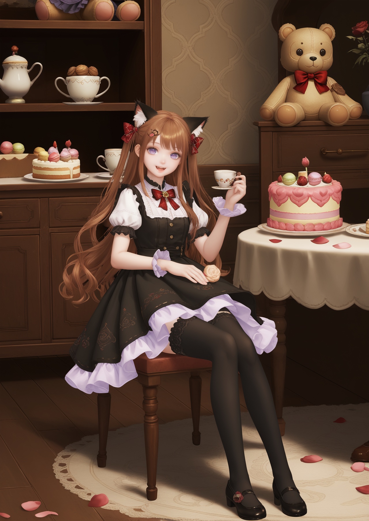 score_10,score_9,score_8_up,score_7_up,1girl,purple eyes,animal ears,solo,rose,shoes,black footwear,dress,flower,cup,food,smile,stuffed toy,cake,puffy sleeves,long hair,thighhighs,teacup,stuffed animal,red flower,red rose,short sleeves,brown hair,two side up,black dress,puffy short sleeves,petals,cake slice,:d,animal ear fluff,looking at viewer,no shoes,detached sleeves,frills,macaron,frilled dress,teddy bear,black thighhighs,very long hair,bow,tiered tray,plate,single shoe,minigirl,sitting,mini person,hair ornament,holding,cat ears,hair bow,table,fang,pantyhose,rose petals,full body,open mouth,