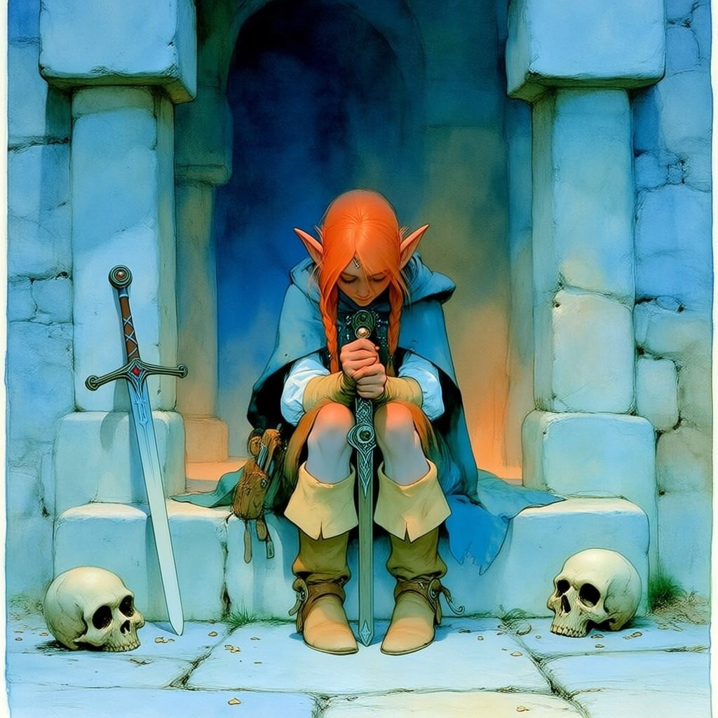 Aquabrite,  elf in traveler's clothing sits on a stone step with their head bowed,  clutching a hilt on Tensor.Art